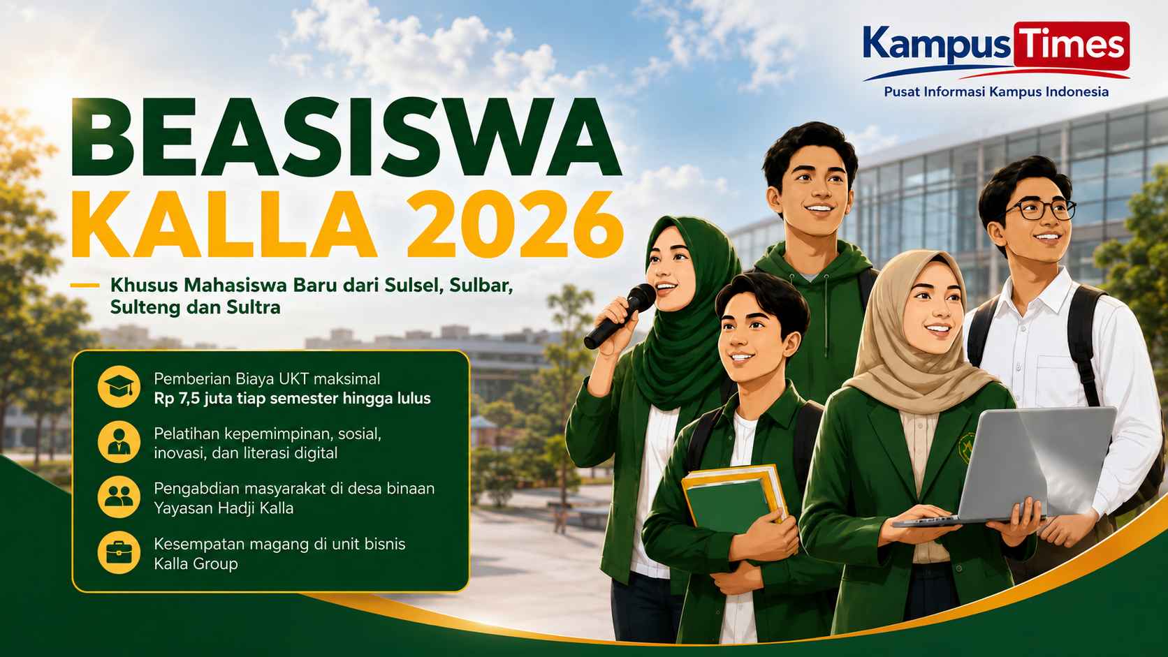 Beasiswa Kalla 2026 Buka untuk Mahasiswa Baru, UKT hingga Rp7,5 Juta per Semester