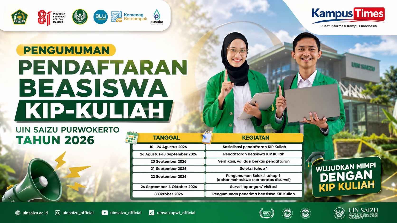 Pendaftaran Beasiswa KIP Kuliah UIN SAIZU Purwokerto 2026 Dibuka, Cek Jadwal dan Tahapannya