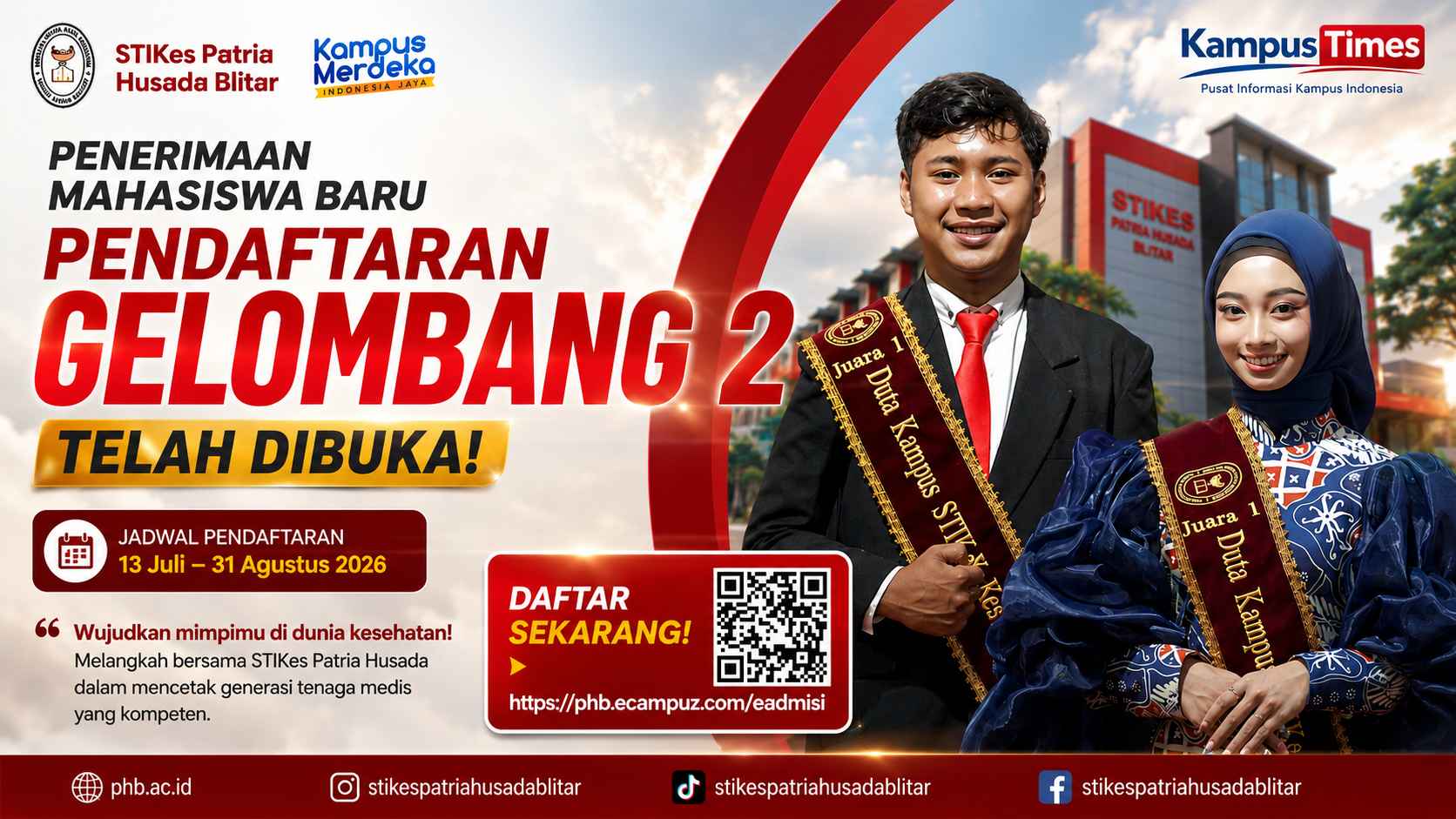 Penerimaan Mahasiswa Baru STIKes Patria Husada Blitar Gelombang 2 Dibuka, Daftar hingga 31 Agustus 2026