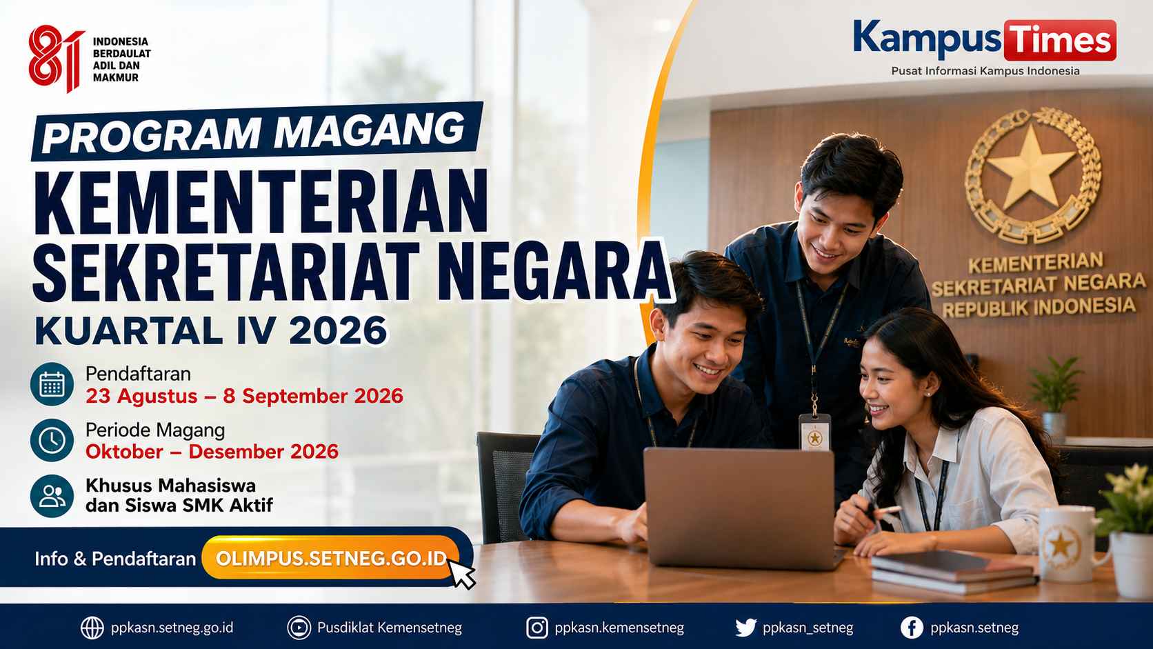 Program Magang Kementerian Sekretariat Negara Kuartal IV 2026 Dibuka, Ini Syarat dan Cara Daftarnya