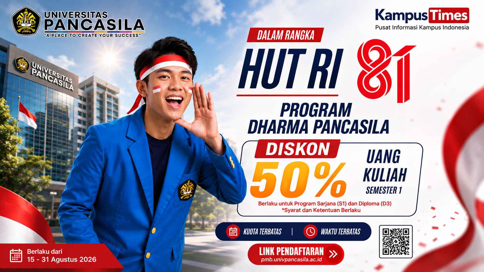 Universitas Pancasila Beri Diskon 50% Uang Kuliah Semester 1, Berlaku hingga 31 Agustus 2026