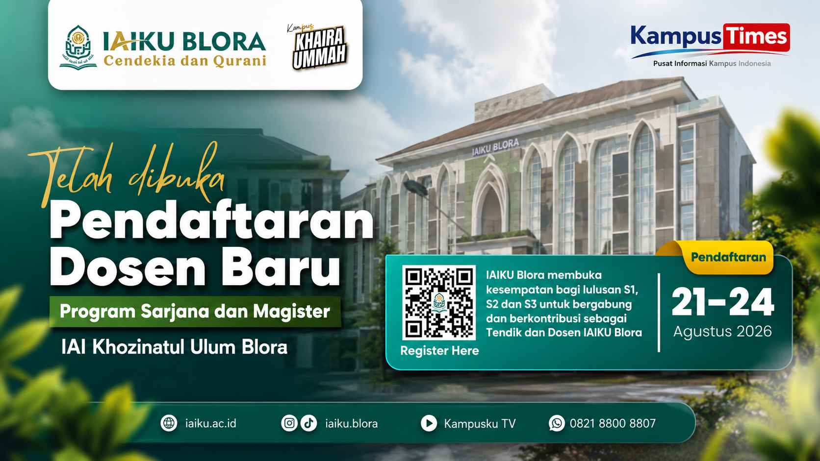 Lowongan Dosen IAIKU Blora Agustus 2026, Buka 7 Formasi untuk Lulusan S1-S3