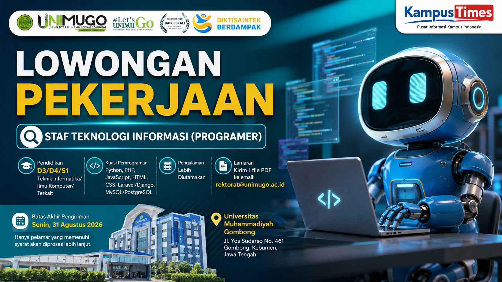 Lowongan Staf Teknologi Informasi (Programmer) Universitas Muhammadiyah Gombong, Ini Syarat dan Cara Daftarnya
