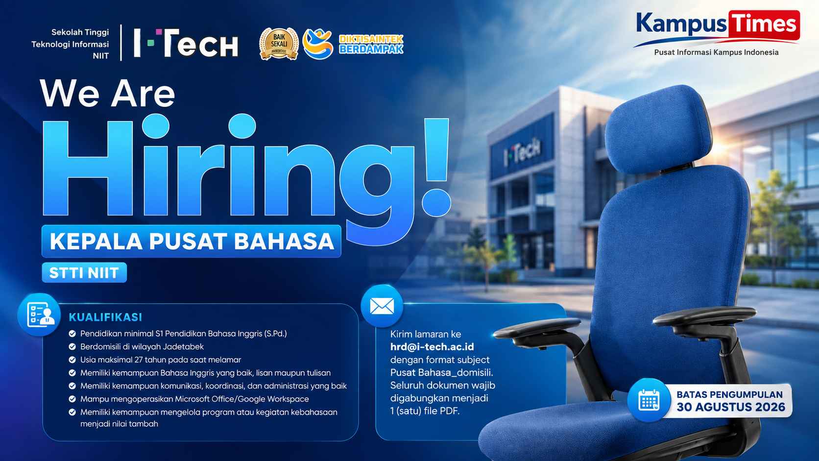 Lowongan Kepala Pusat Bahasa STTI NIIT 2026, Cek Kualifikasi dan Cara Melamarnya