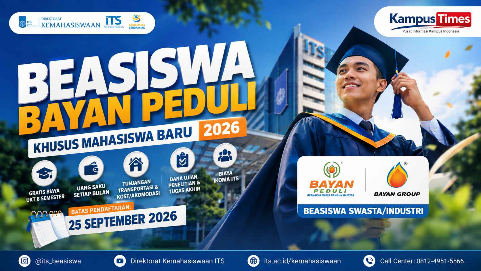 Beasiswa Bayan Peduli ITS 2026: Kuliah Gratis, Uang Saku, dan Tunjangan hingga Lulus