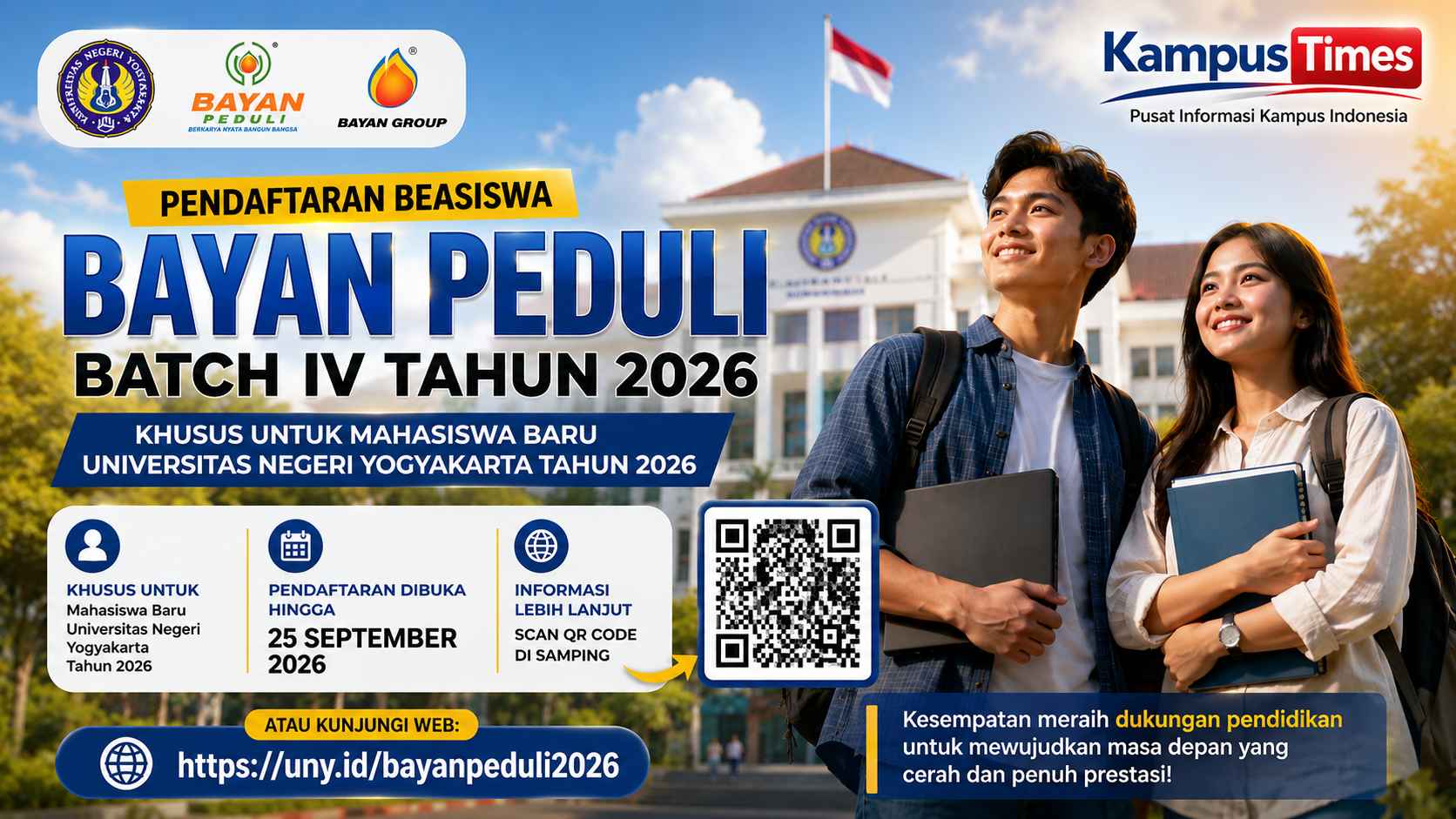Beasiswa Bayan Peduli Batch IV 2026 untuk Mahasiswa Baru UNY, Daftar hingga 25 September
