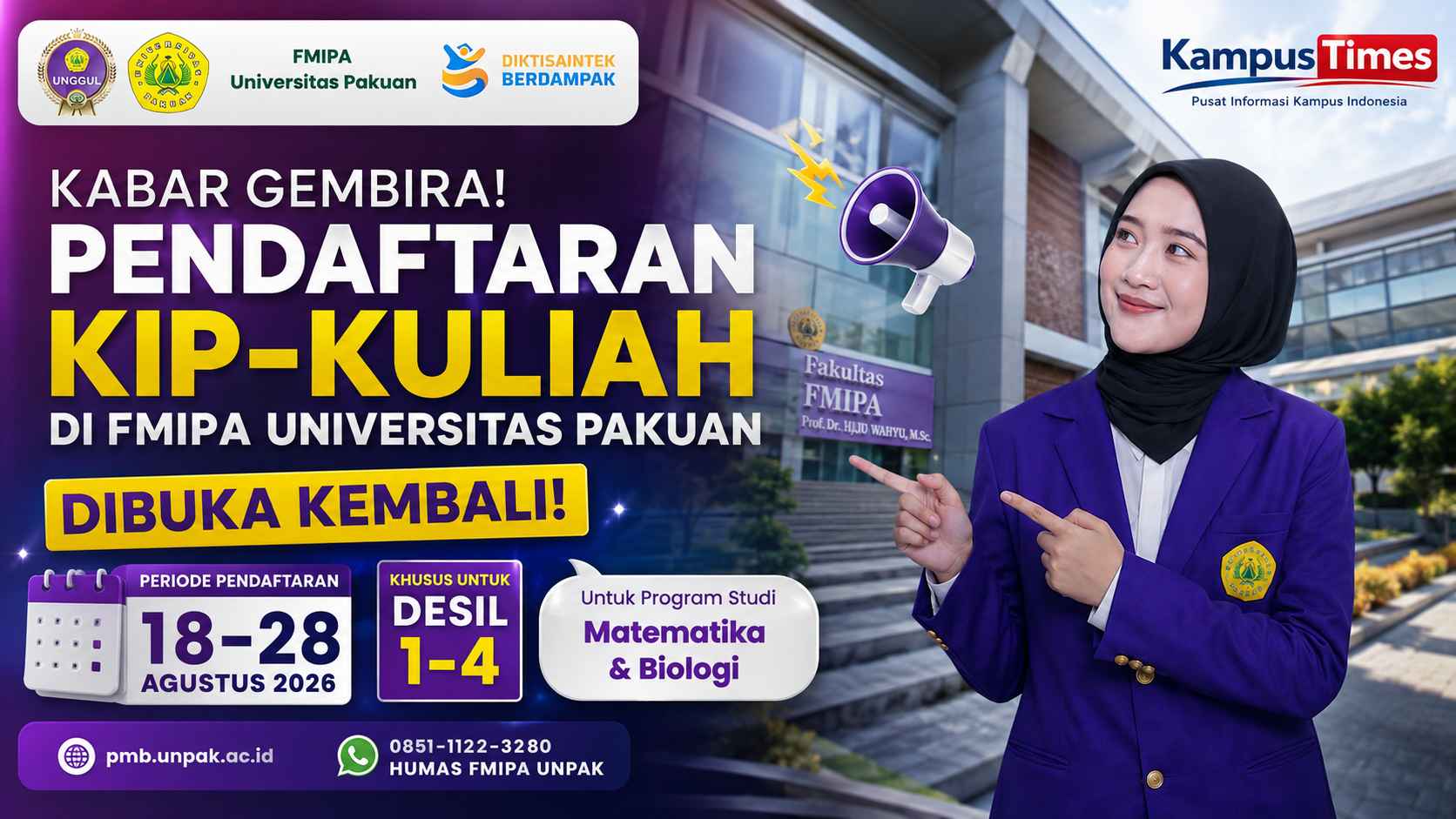 Pendaftaran KIP-Kuliah FMIPA Universitas Pakuan Dibuka Kembali, Khusus Desil 1–4