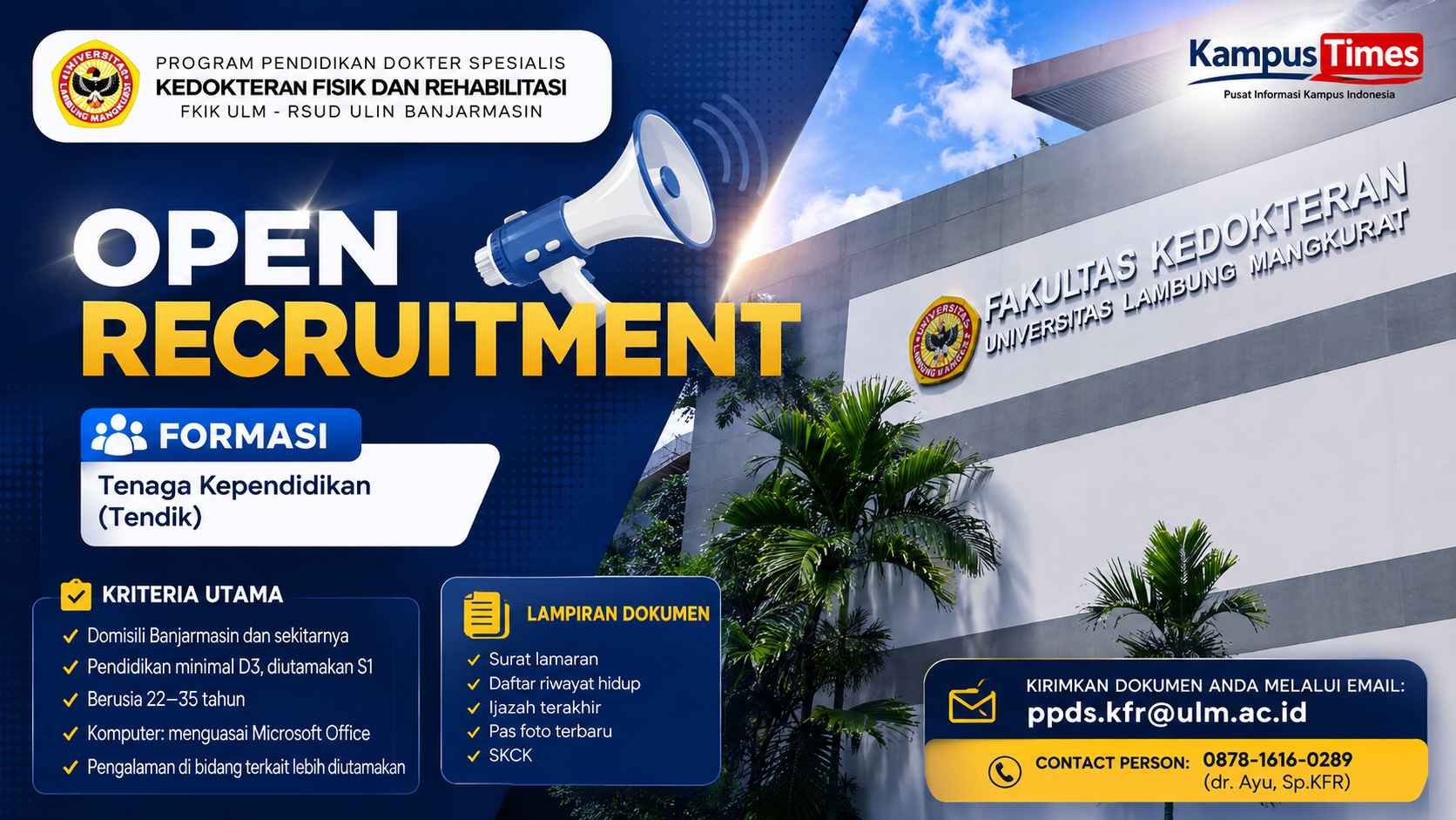 Lowongan Tenaga Kependidikan Prodi KFR FKIK ULM, Cek Syarat dan Cara Daftarnya
