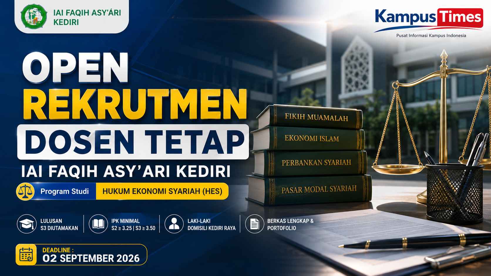 Open Rekrutmen Dosen Tetap Hukum Ekonomi Syariah IAI Faqih Asy’ari Kediri, Simak Syarat dan Deadline Pendaftarannya
