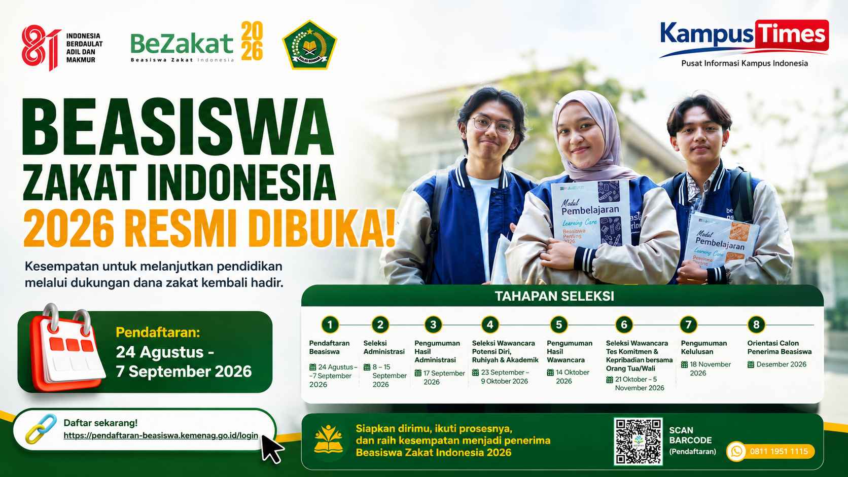 Beasiswa Zakat Indonesia 2026 Resmi Dibuka, Cek Jadwal dan Tahapan Seleksinya