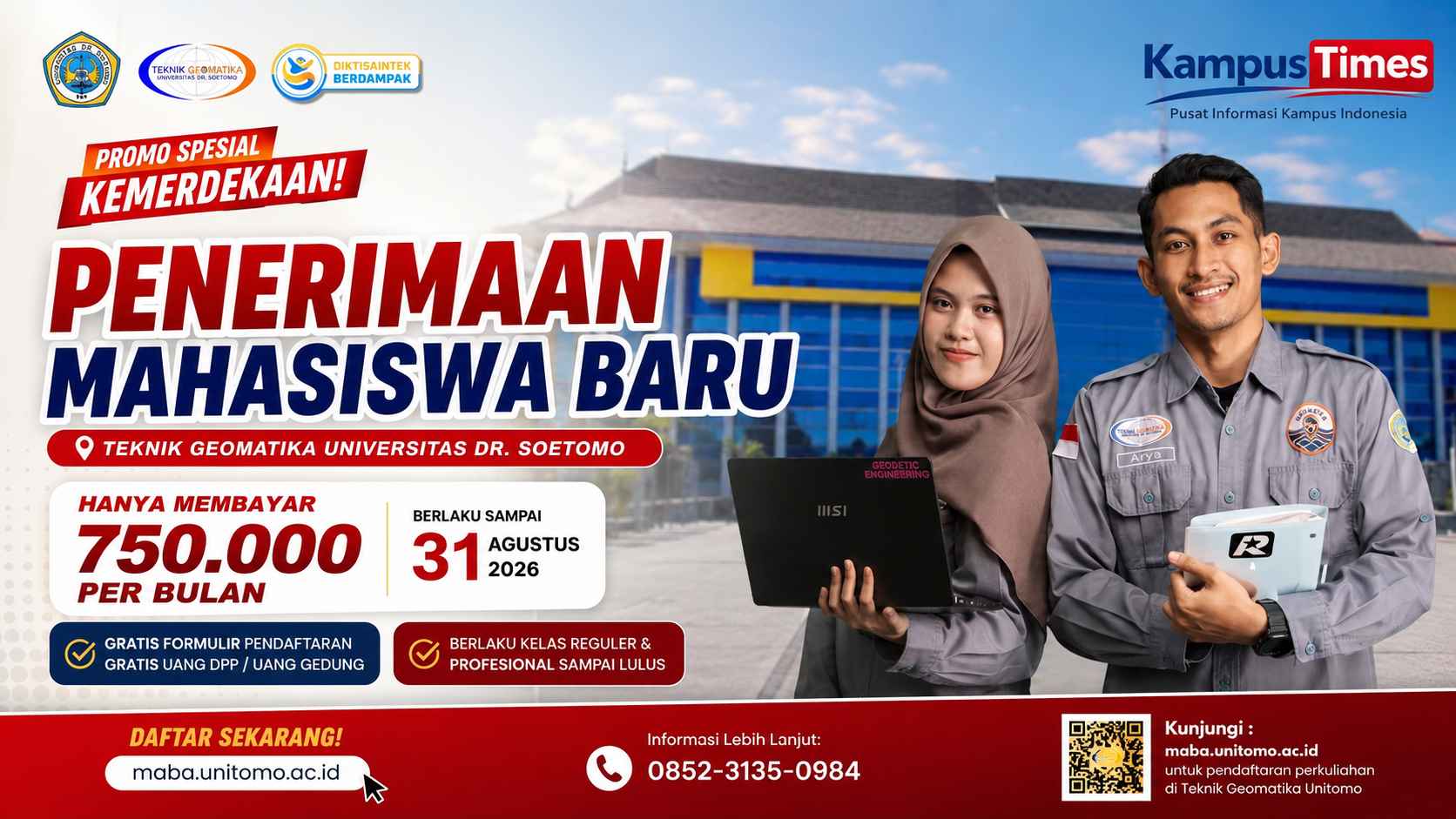 Penerimaan Mahasiswa Baru Teknik Geomatika Unitomo, Kuliah Mulai Rp750 Ribu per Bulan hingga 31 Agustus 2026