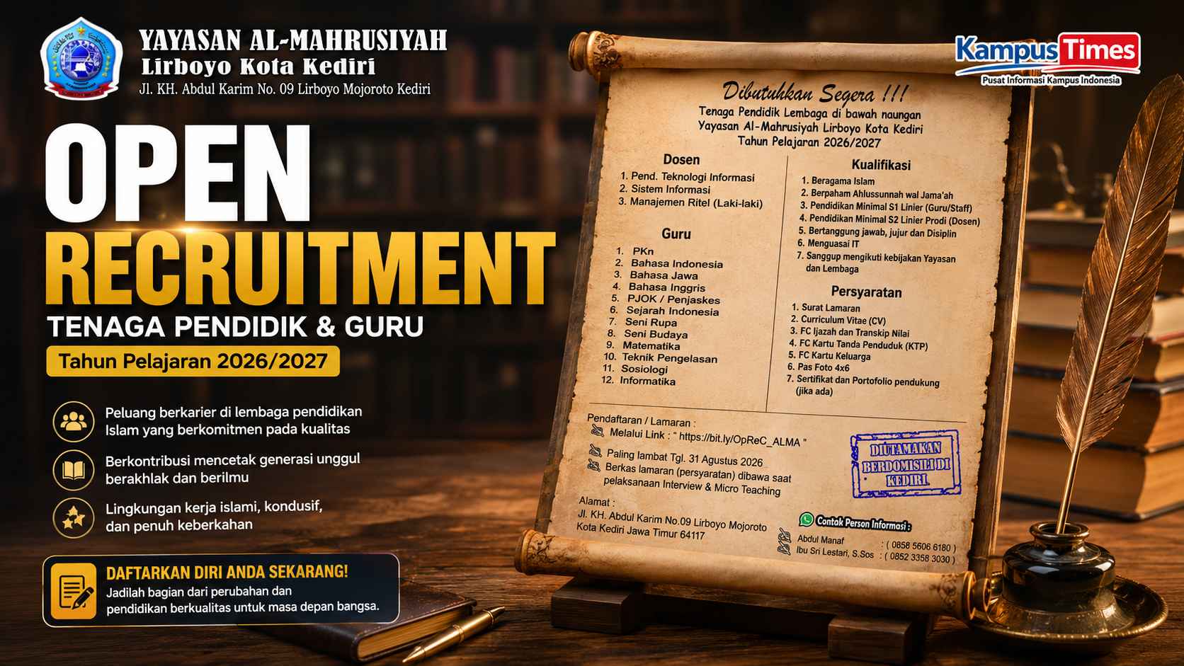 Yayasan Al-Mahrusiyah Lirboyo Kediri Buka Rekrutmen Dosen dan Guru Tahun Pelajaran 2026/2027, Ini Formasi dan Syaratnya