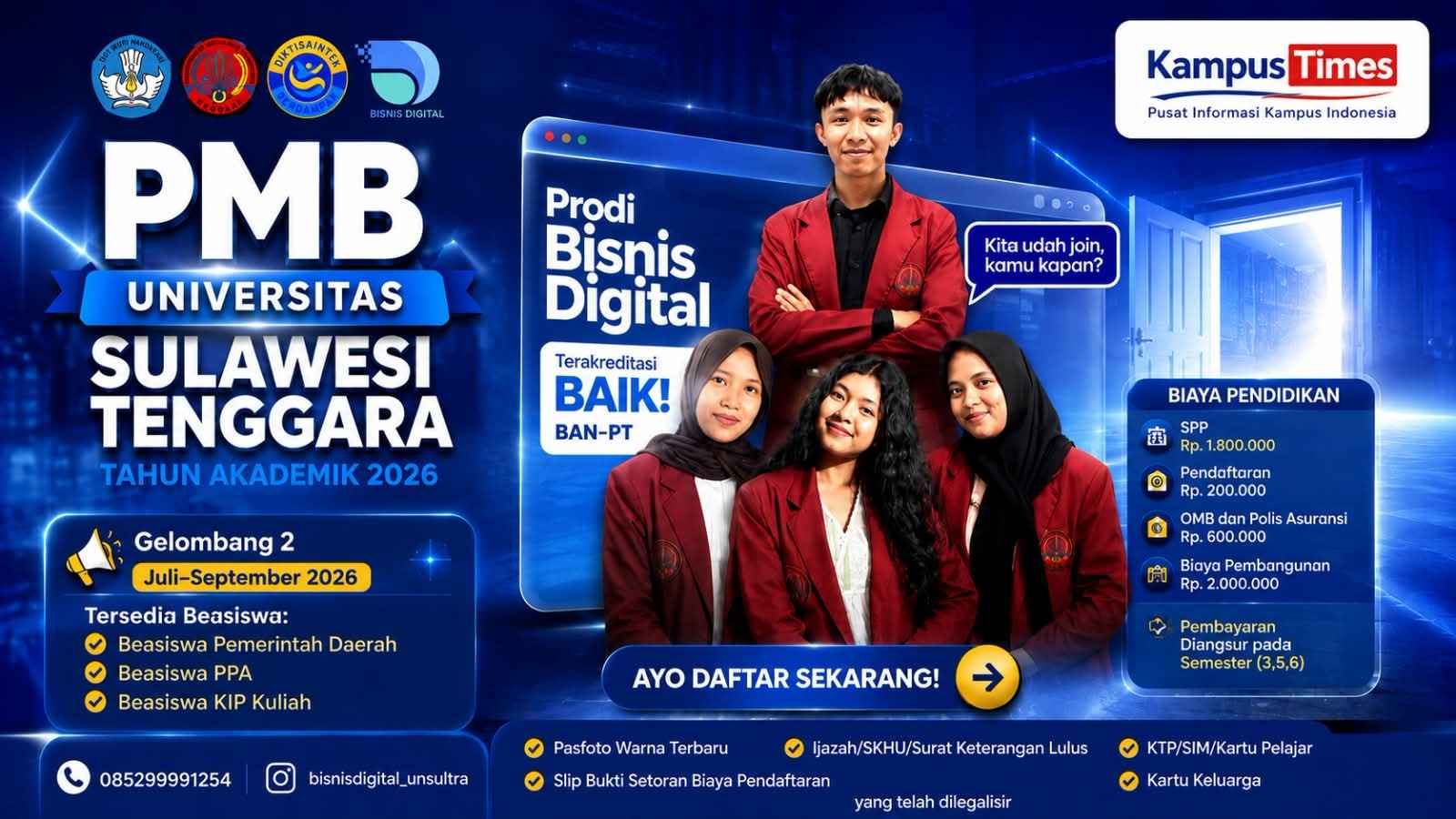 PMB Universitas Sulawesi Tenggara 2026 Dibuka, Ada Prodi Bisnis Digital dan Beragam Beasiswa