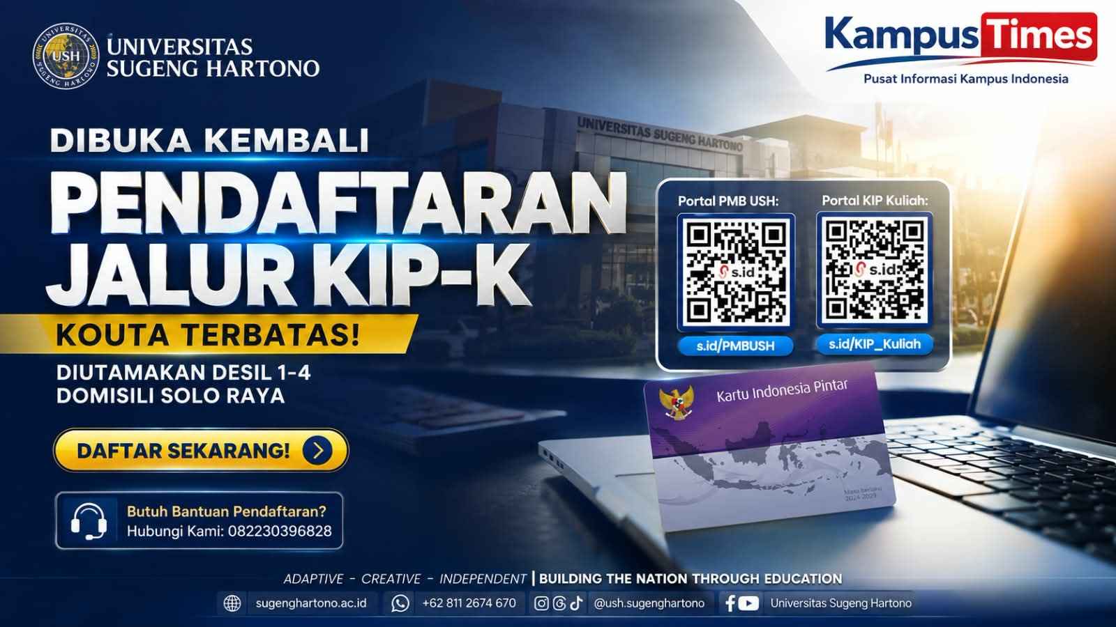 Pendaftaran Jalur KIP-K Universitas Sugeng Hartono Dibuka Kembali, Kuota Terbatas