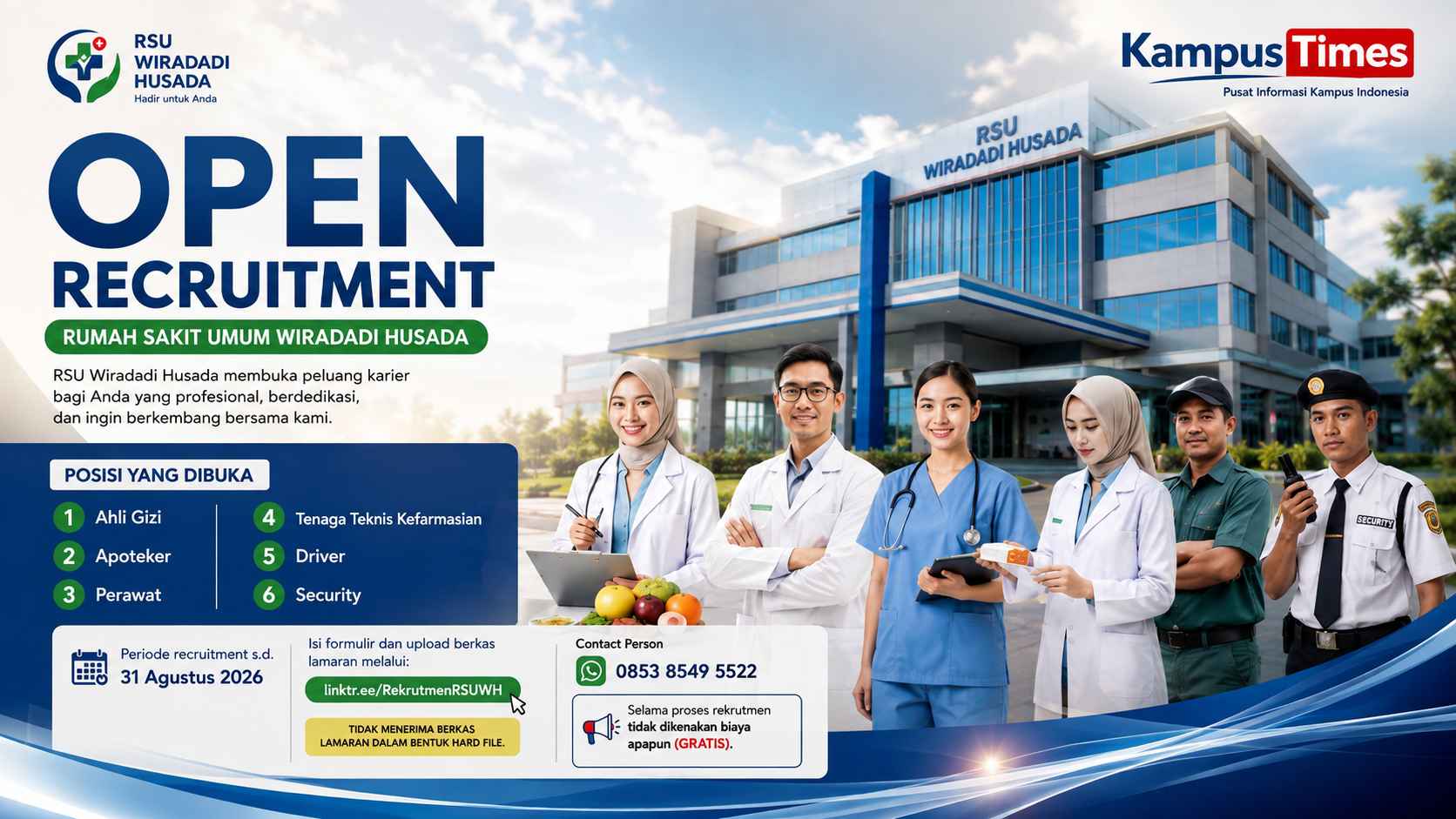 Lowongan Kerja RSU Wiradadi Husada 2026: Buka 6 Posisi, Cek Syarat dan Cara Daftarnya