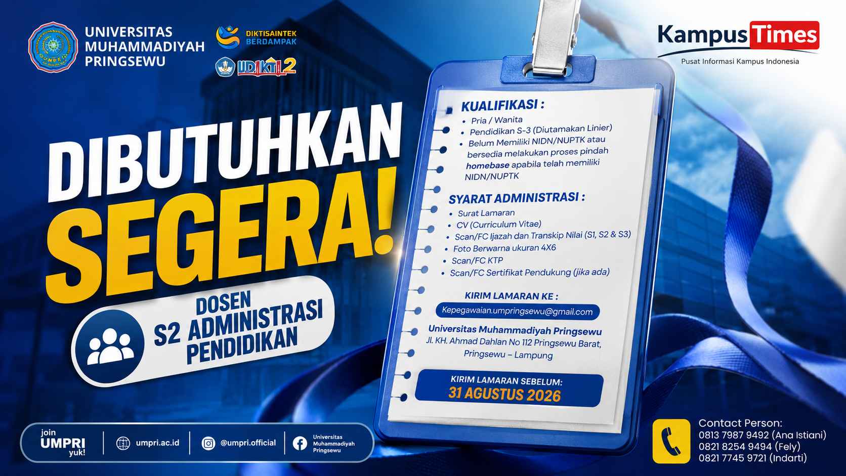 Lowongan Dosen Universitas Muhammadiyah Pringsewu 2026, Dibuka hingga 31 Agustus