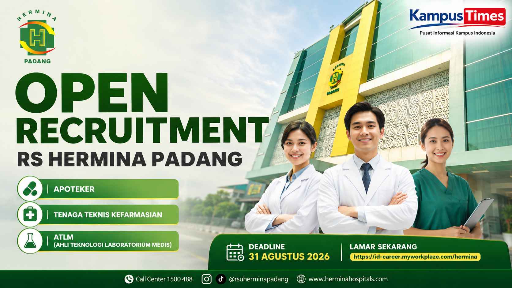 Lowongan Kerja RS Hermina Padang 2026 Dibuka, Cek Posisi dan Syaratnya