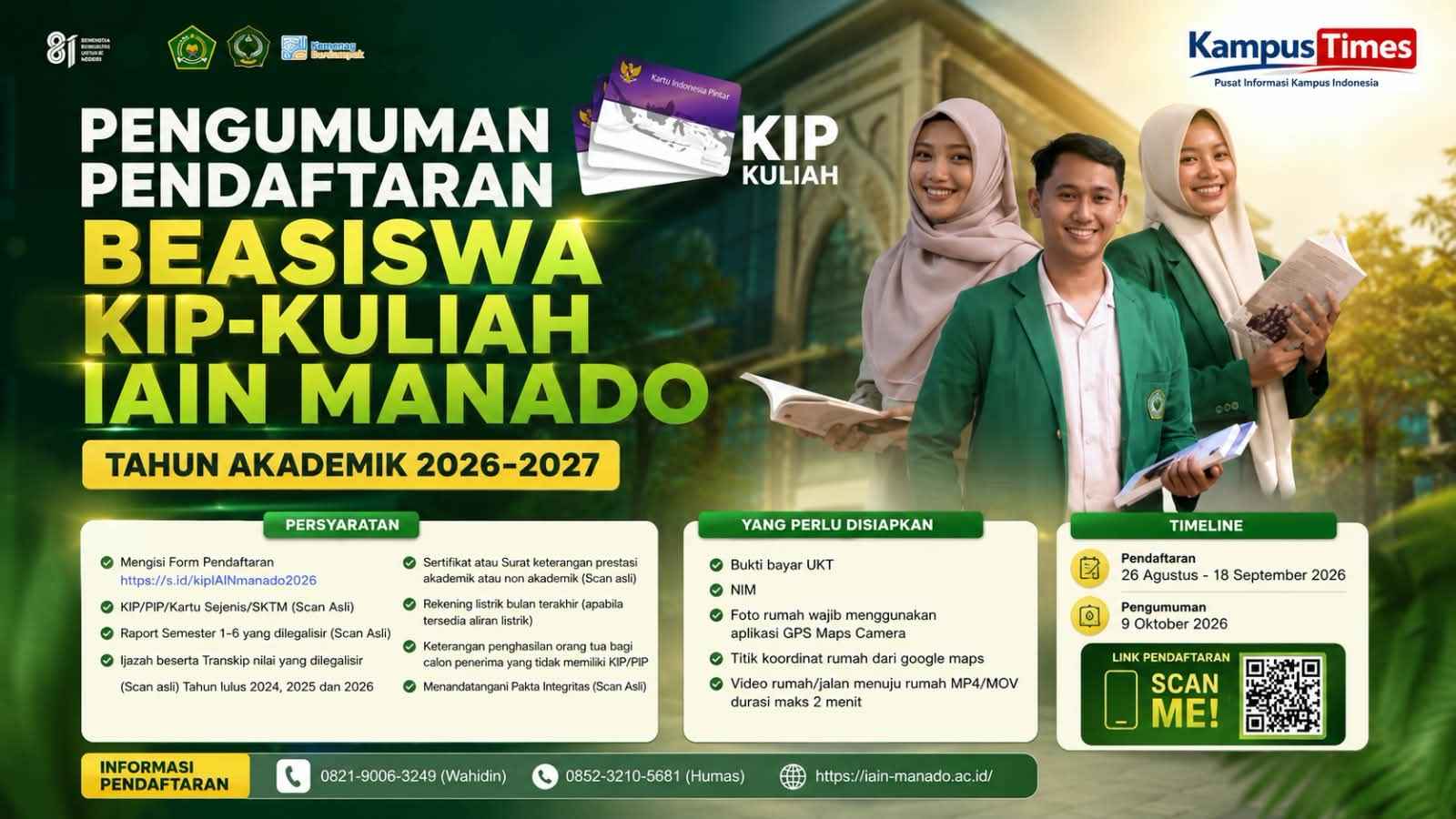 Beasiswa KIP-Kuliah IAIN Manado 2026 Dibuka, Ini Syarat dan Jadwalnya