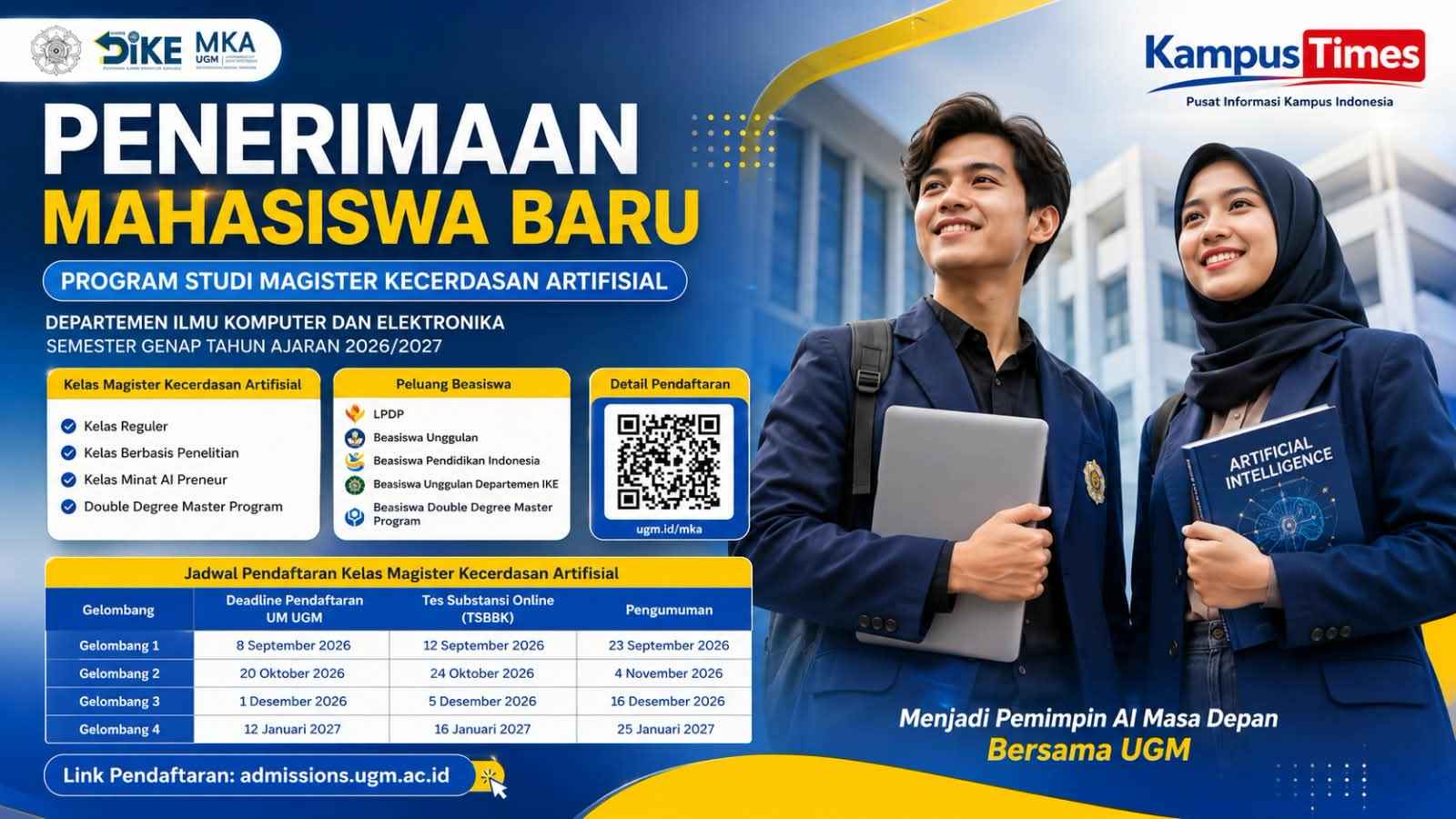 Penerimaan Magister Kecerdasan Artifisial UGM 2026/2027 Dibuka, Cek Jadwal dan Peluang Beasiswanya