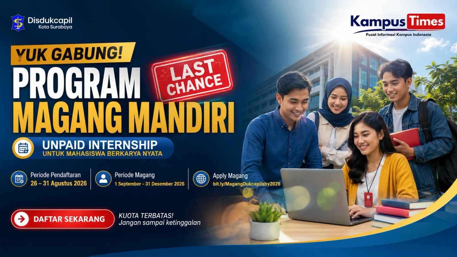 Magang Mandiri Disdukcapil Surabaya 2026 Dibuka, Cek Syarat, Posisi, Benefit, dan Cara Daftar