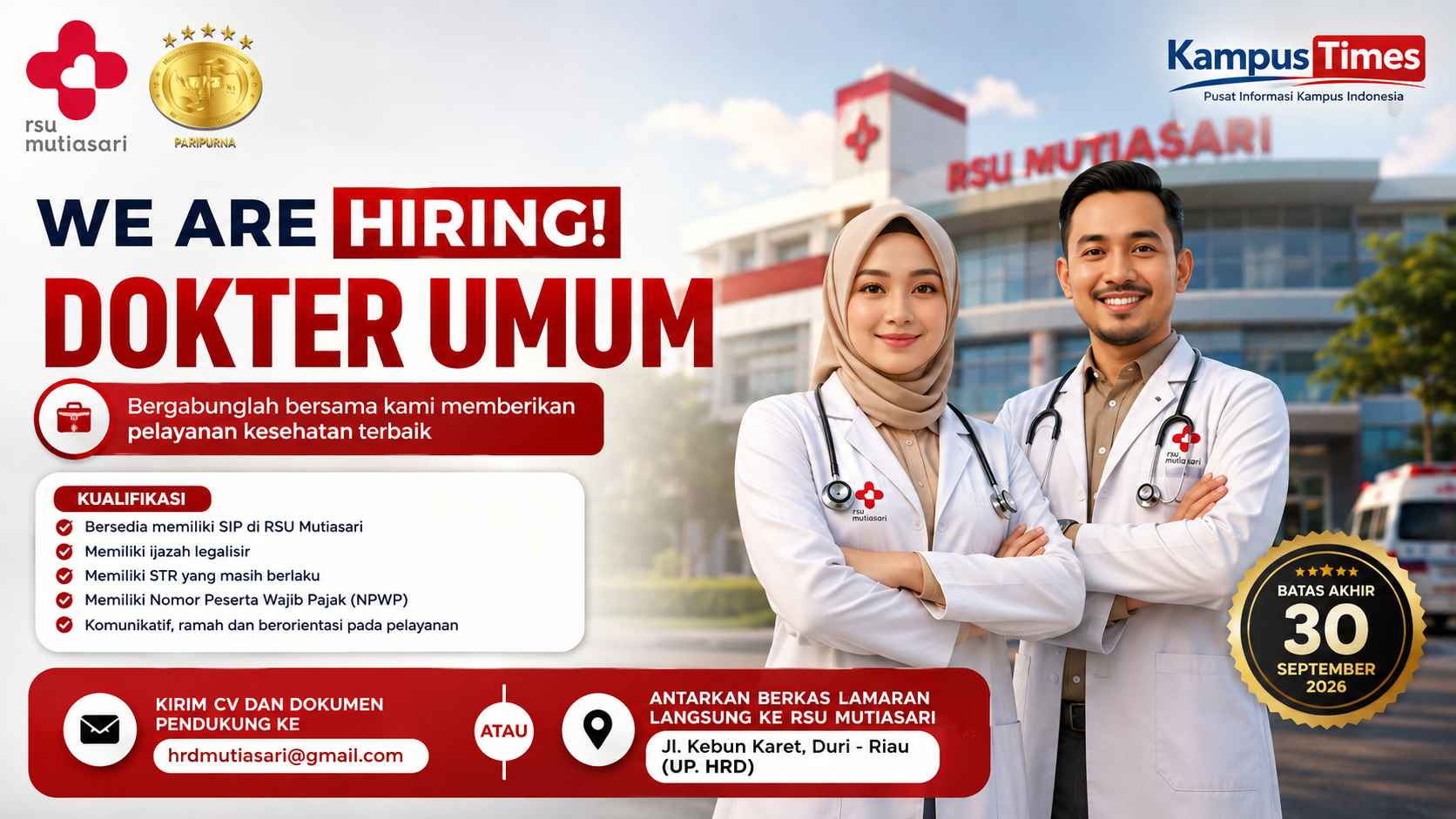 RSU Mutiasari Buka Lowongan Dokter Umum, Pendaftaran hingga 30 September 2026