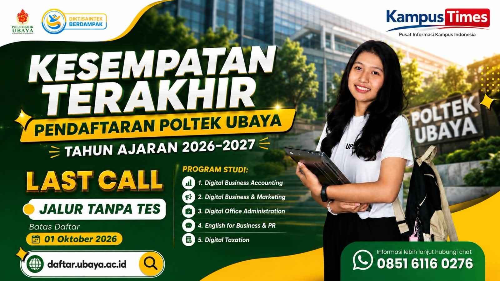 Pendaftaran Politeknik Ubaya 2026–2027: Jalur Tanpa Tes, Cek Program Studi dan Batas Daftar