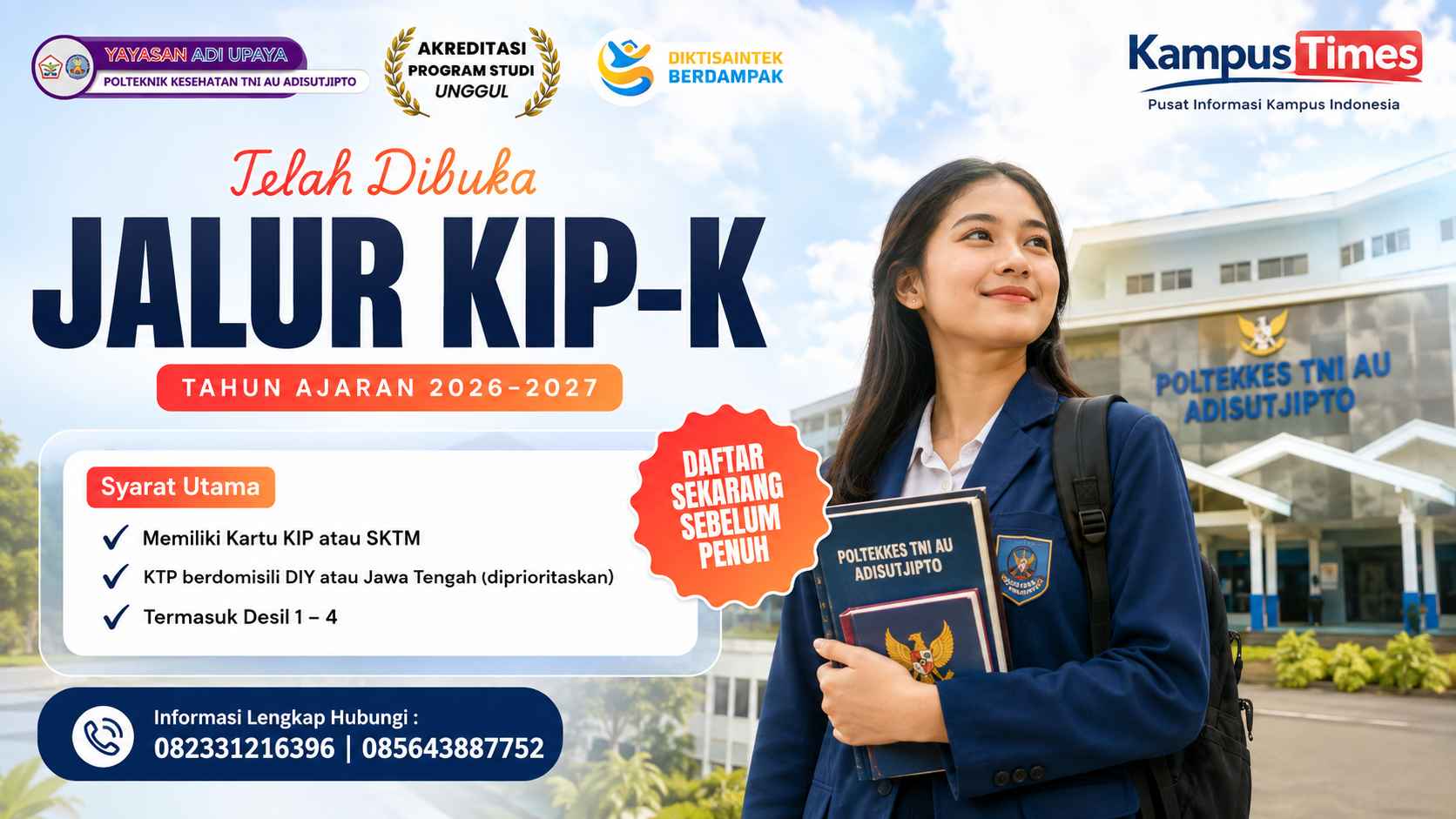 Pendaftaran KIP-K Poltekkes TNI AU Adisutjipto 2026–2027 Dibuka, Cek Syaratnya