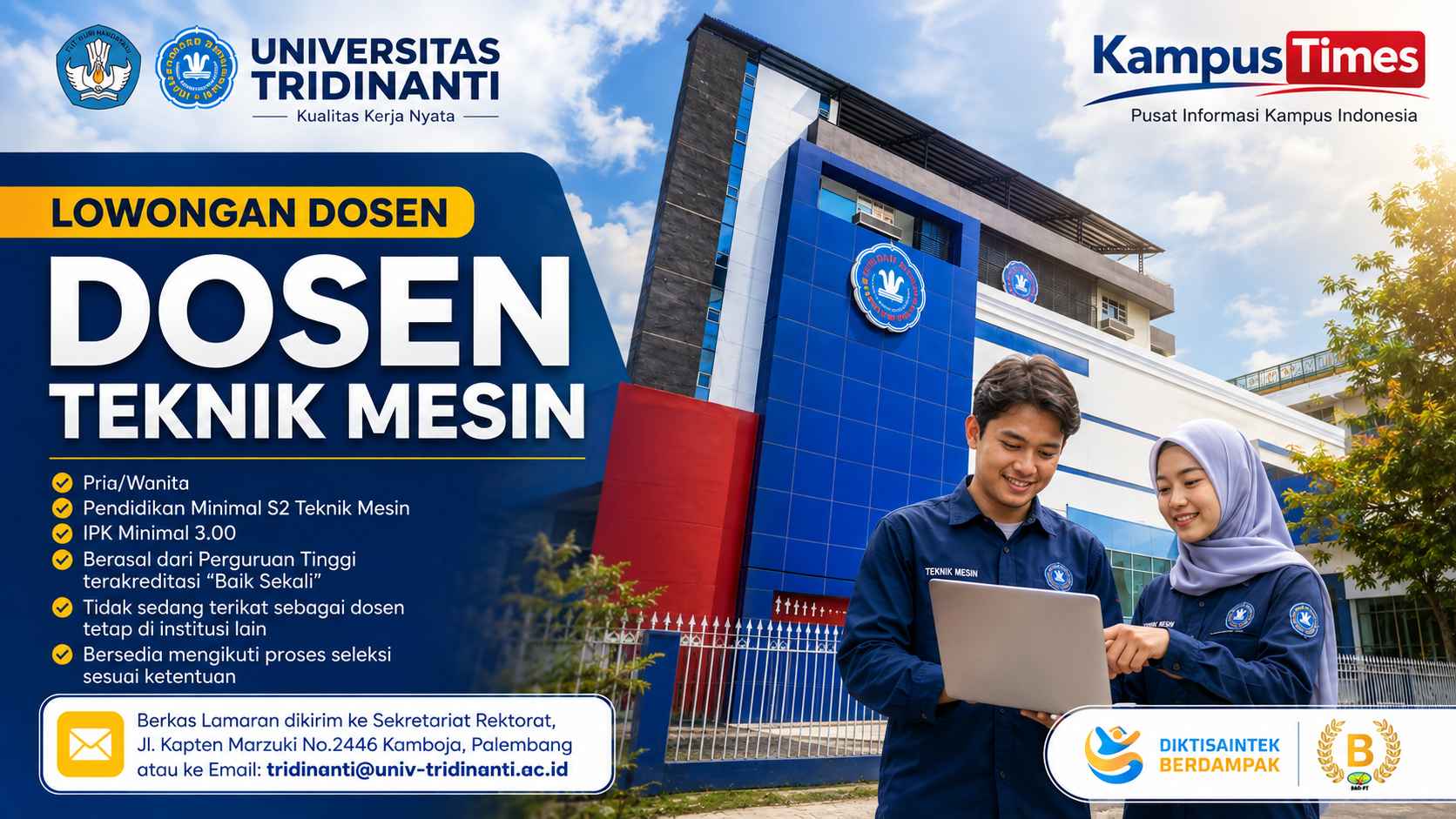 Lowongan Dosen Teknik Mesin Universitas Tridinanti Palembang, Ini Kualifikasinya