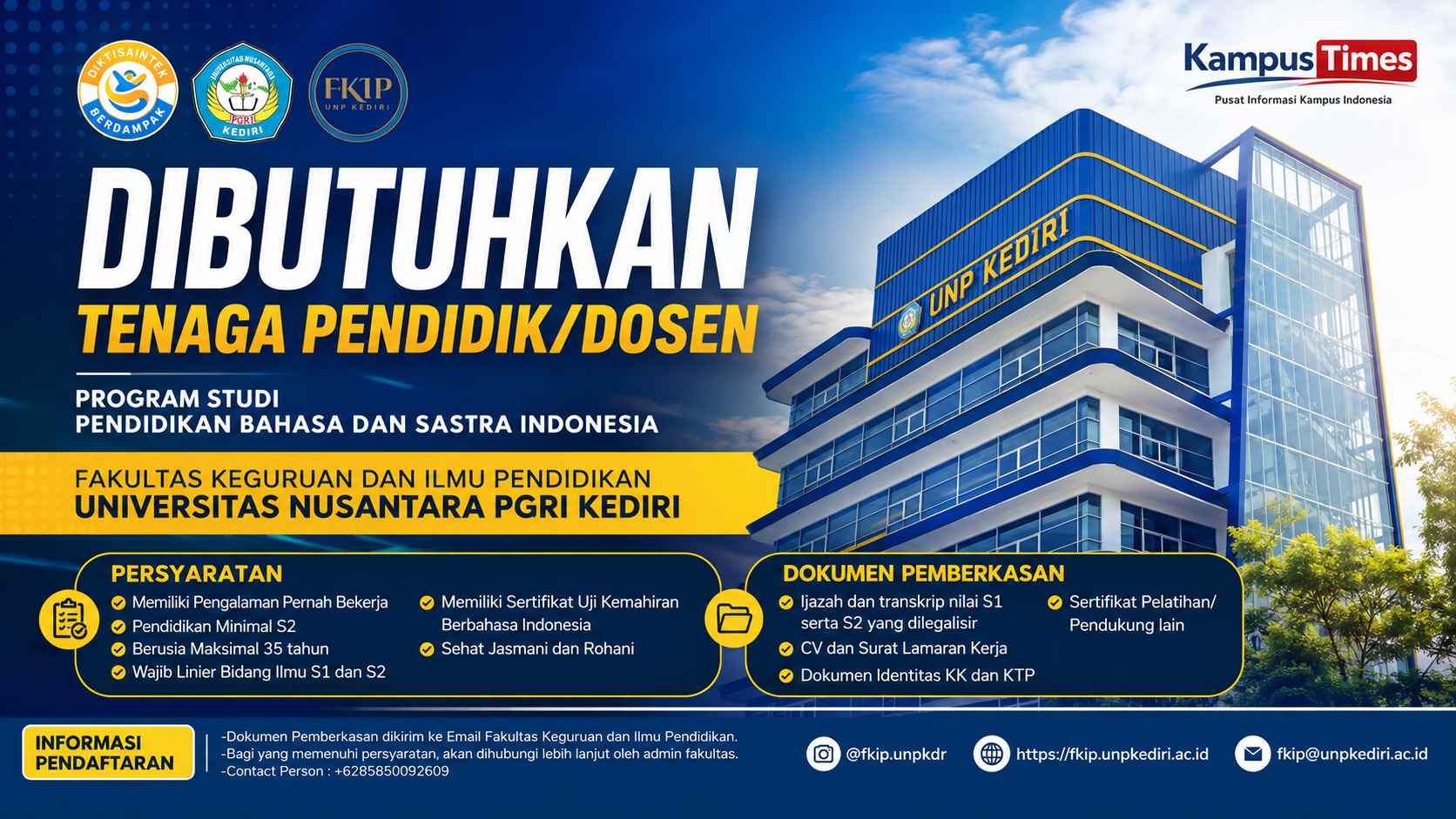 Lowongan Dosen UNP Kediri 2026, Dibutuhkan untuk Pendidikan Bahasa Indonesia
