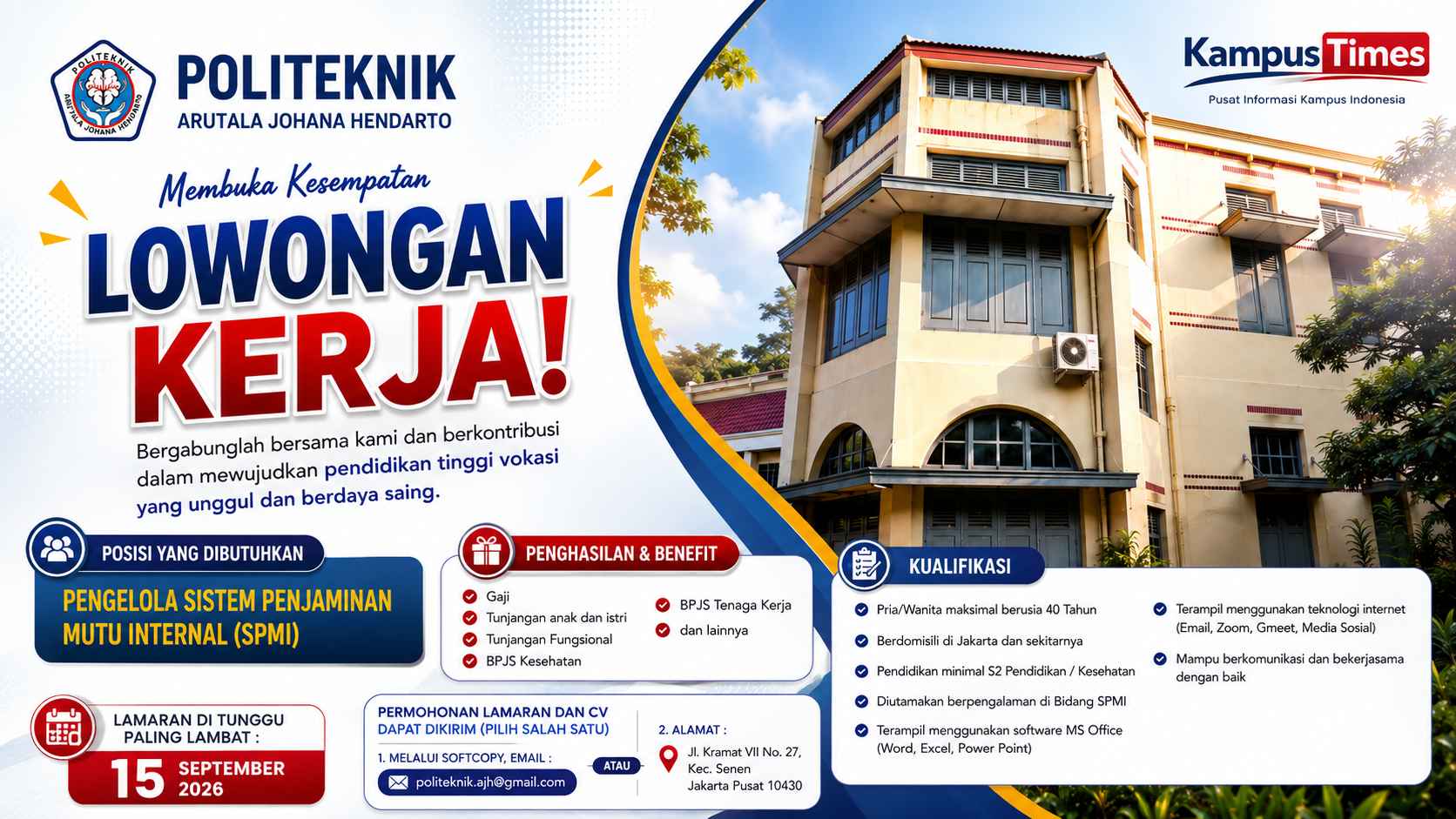 Lowongan Kerja Politeknik Arutala Johana Hendarto, Dibuka untuk Pengelola SPMI