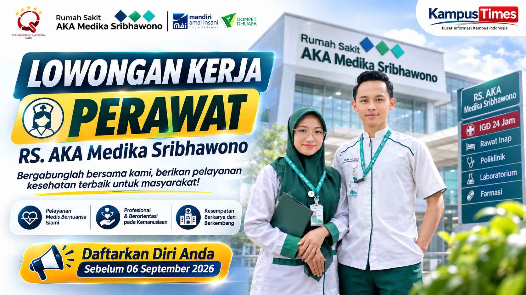 Lowongan Kerja Perawat RS AKA Medika Sribhawono, Dibuka hingga 6 September 2026