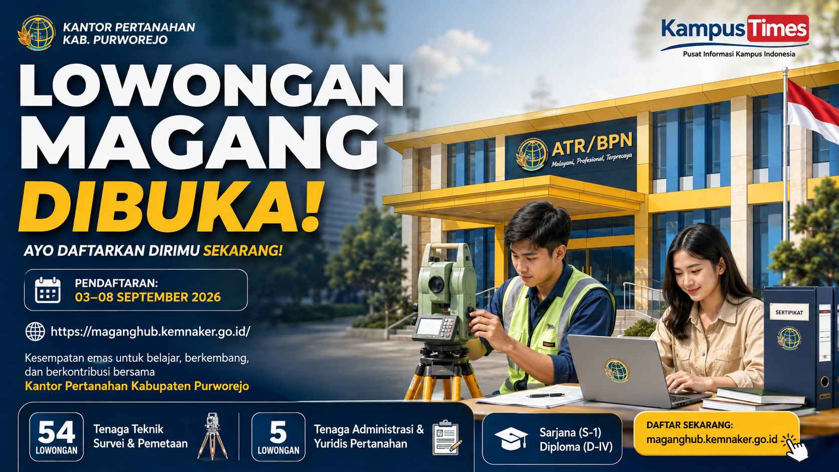 Lowongan Magang Kantor Pertanahan Purworejo 2026 Dibuka, Ada 59 Posisi