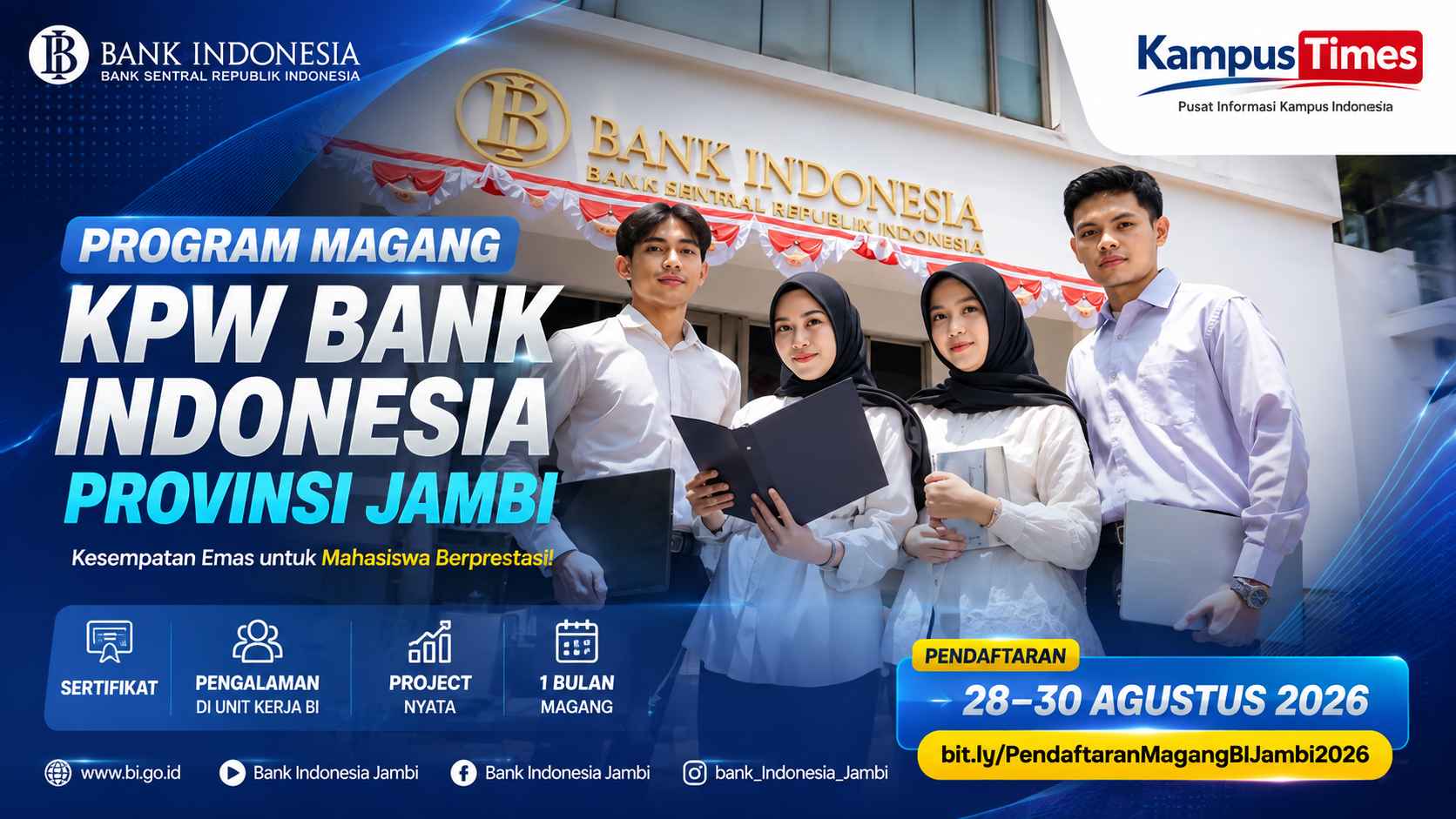 Lowongan Magang KPw Bank Indonesia Provinsi Jambi 2026, Cek Syarat dan Cara Daftarnya