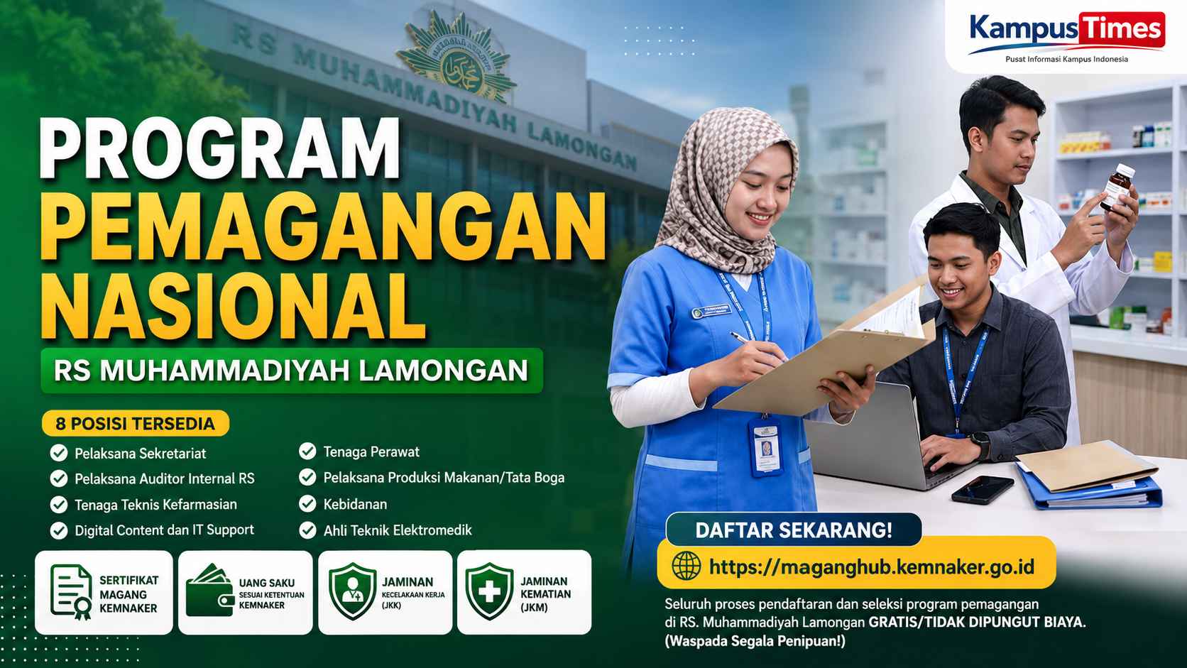 Pemagangan Nasional RS Muhammadiyah Lamongan Buka 8 Posisi, Ada Uang Saku dan Jaminan Kerja