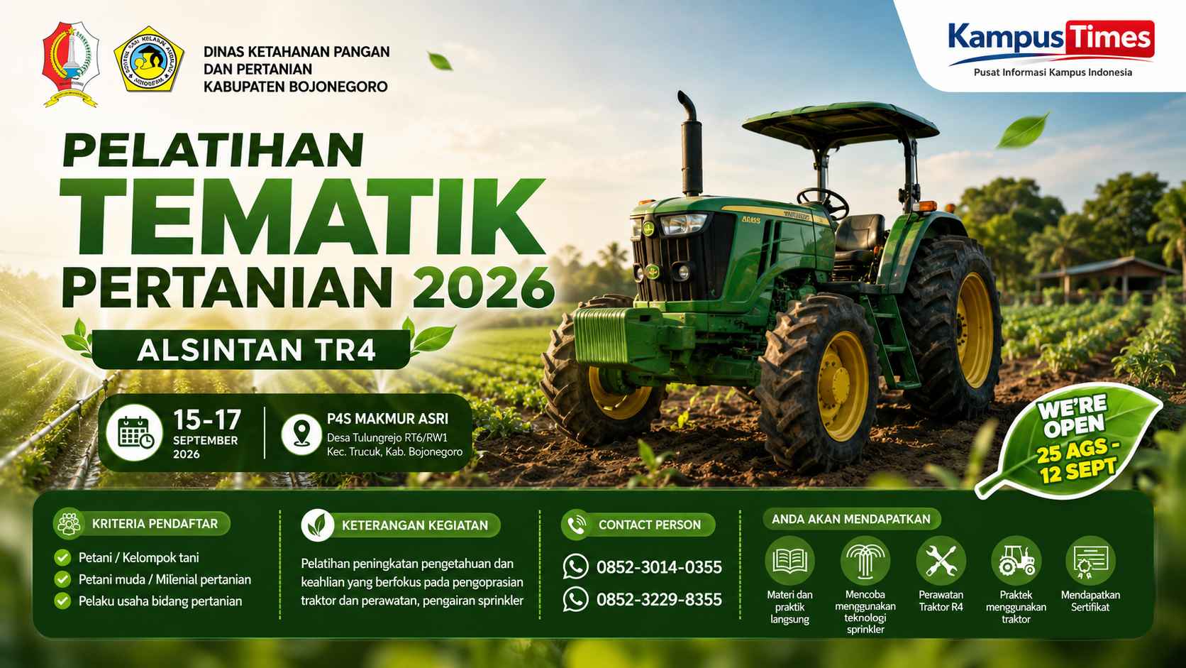Pelatihan Tematik Pertanian 2026 Bojonegoro: Belajar Alsintan TR4 dan Teknologi Sprinkler
