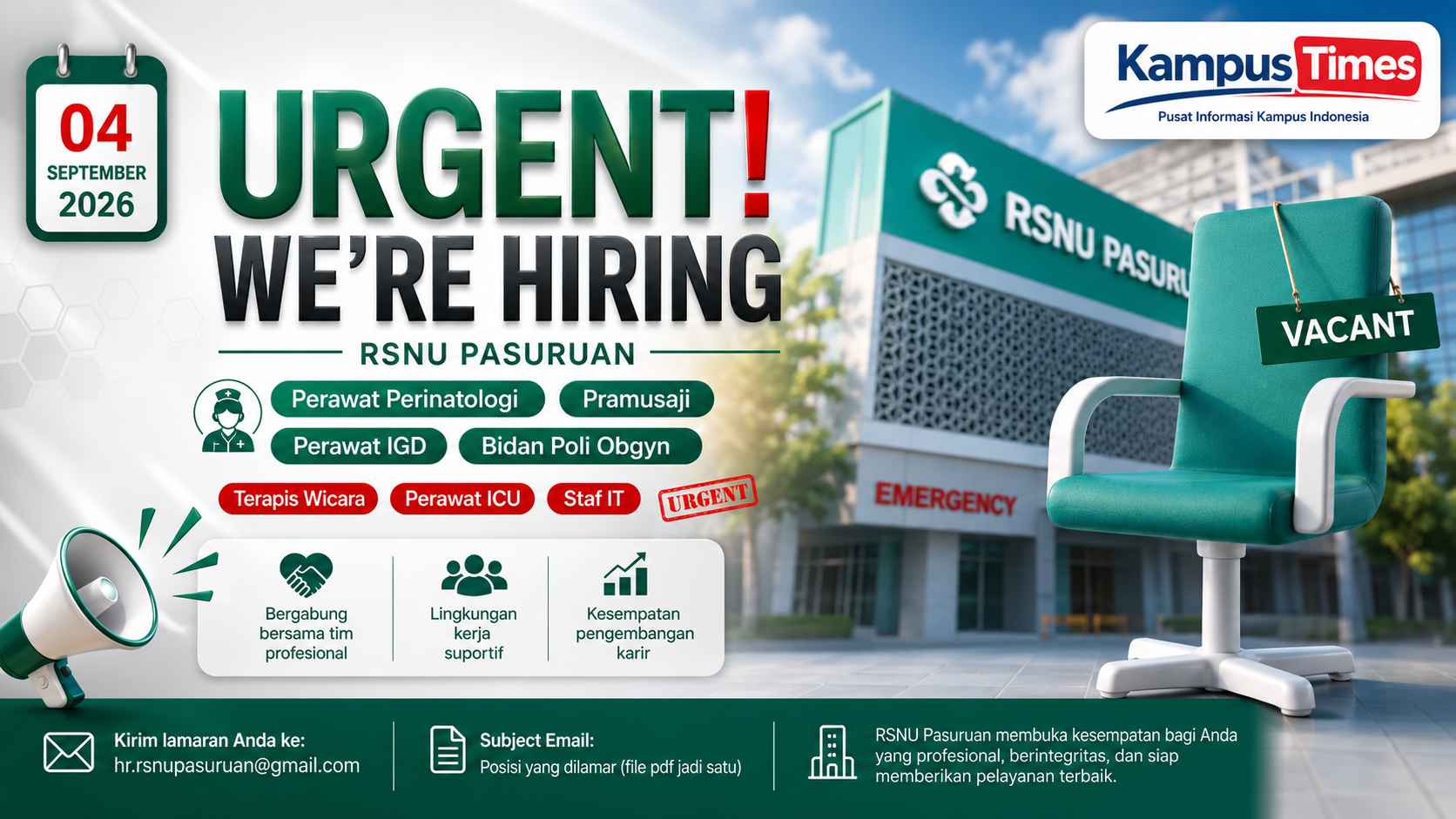 Lowongan Kerja RSNU Pasuruan September 2026, Buka 8 Posisi untuk Tenaga Profesional