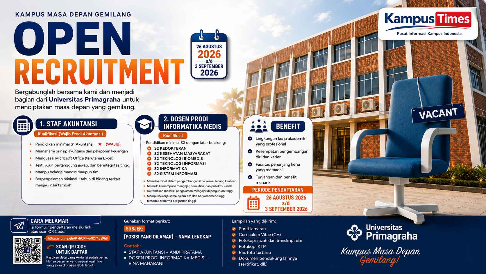 Lowongan Universitas Primagraha Agustus 2026: Buka 2 Posisi, Cek Syarat dan Cara Daftarnya