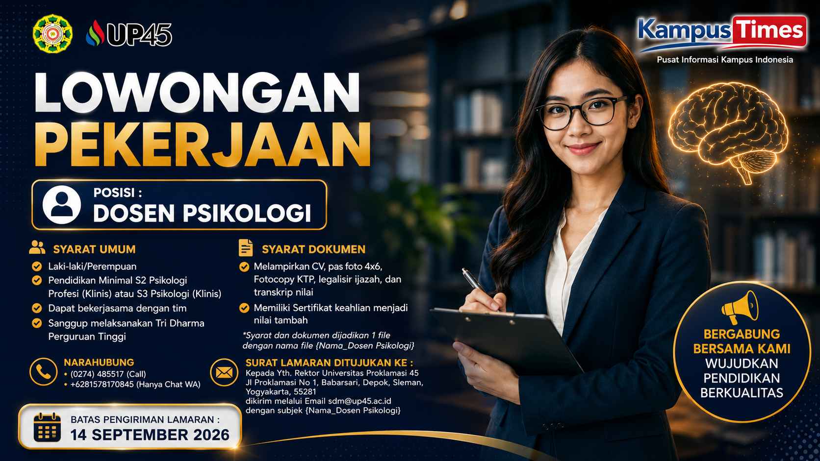 Lowongan Dosen Psikologi Universitas Proklamasi 45, Cek Syarat dan Cara Melamarnya