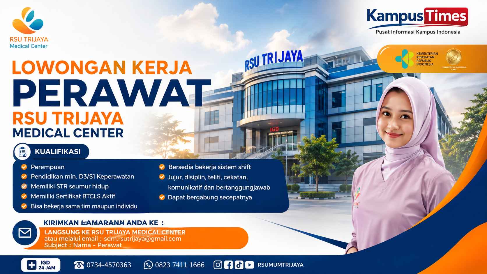 Lowongan Kerja Perawat RSU Trijaya Medical Center, Cek Kualifikasi dan Cara Melamar
