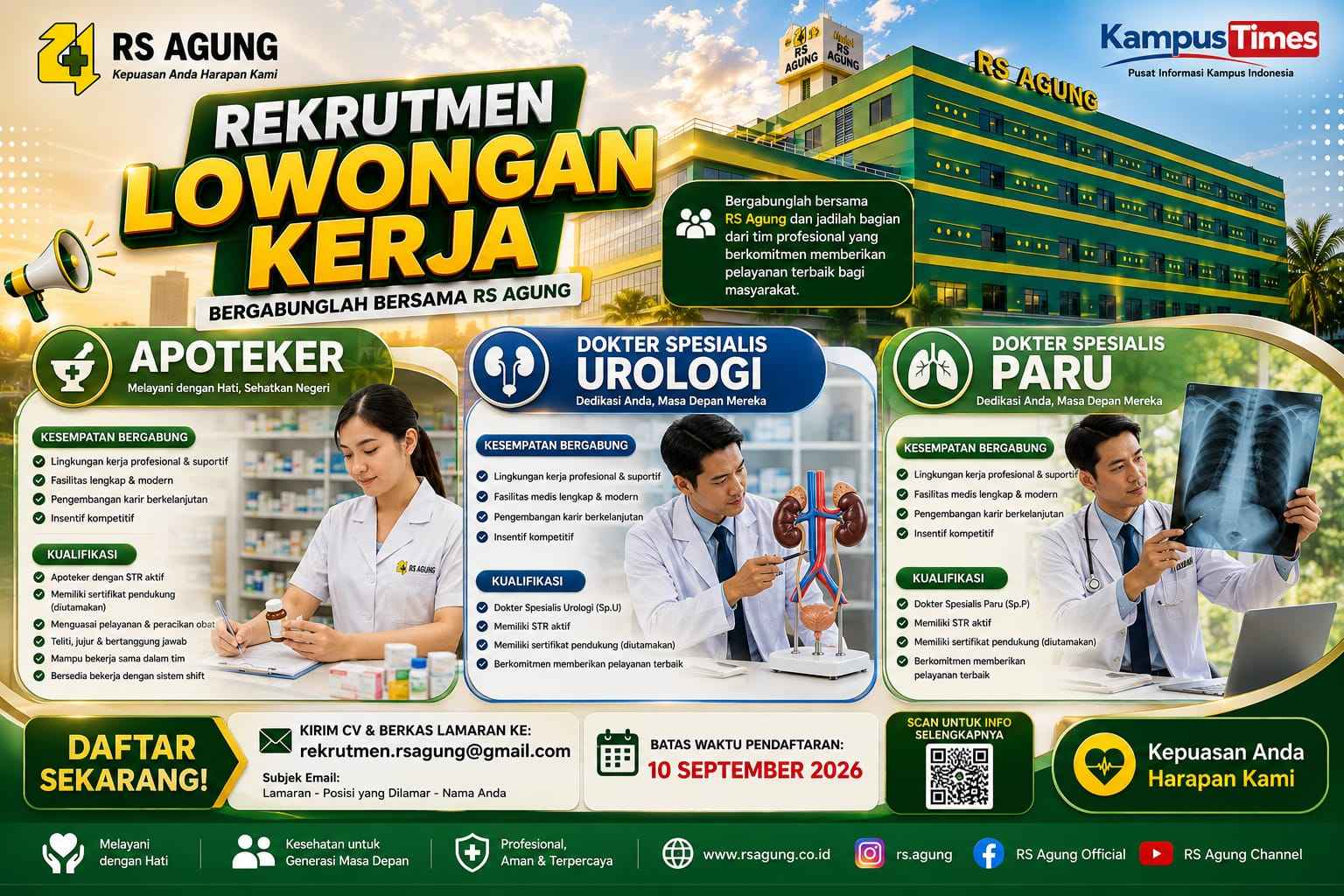 Lowongan Kerja RS Agung September 2026: Buka Posisi Apoteker dan Dokter Spesialis