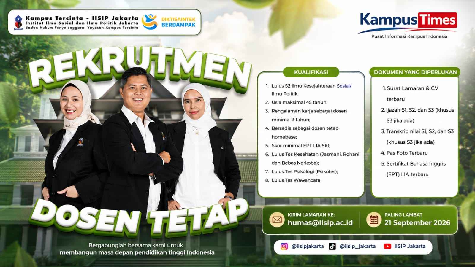 Lowongan Dosen Tetap ISIP Jakarta 2026, Cek Kualifikasi dan Cara Melamarnya