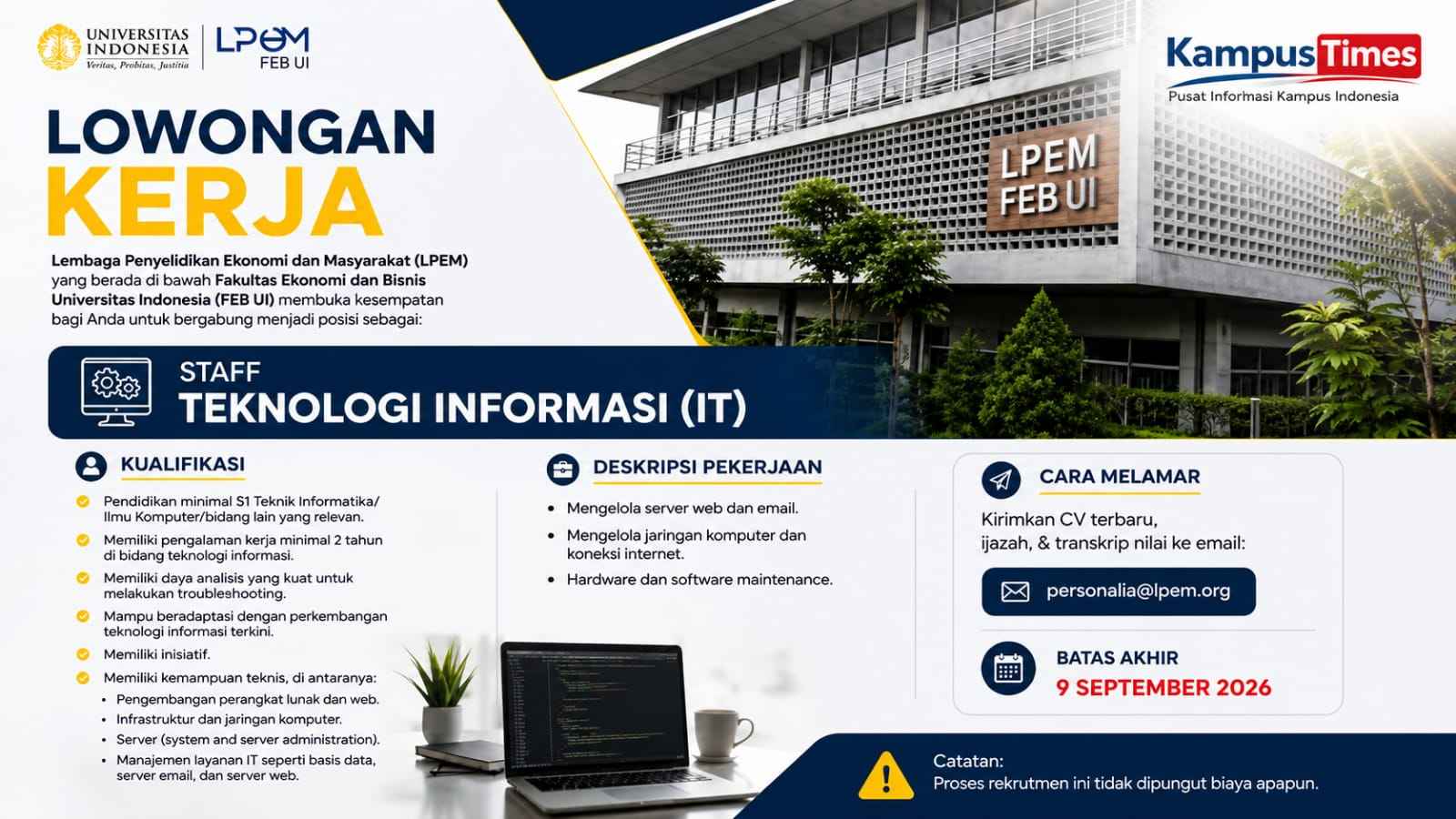 Lowongan Kerja LPEM FEB UI September 2026, Buka Posisi Staff IT