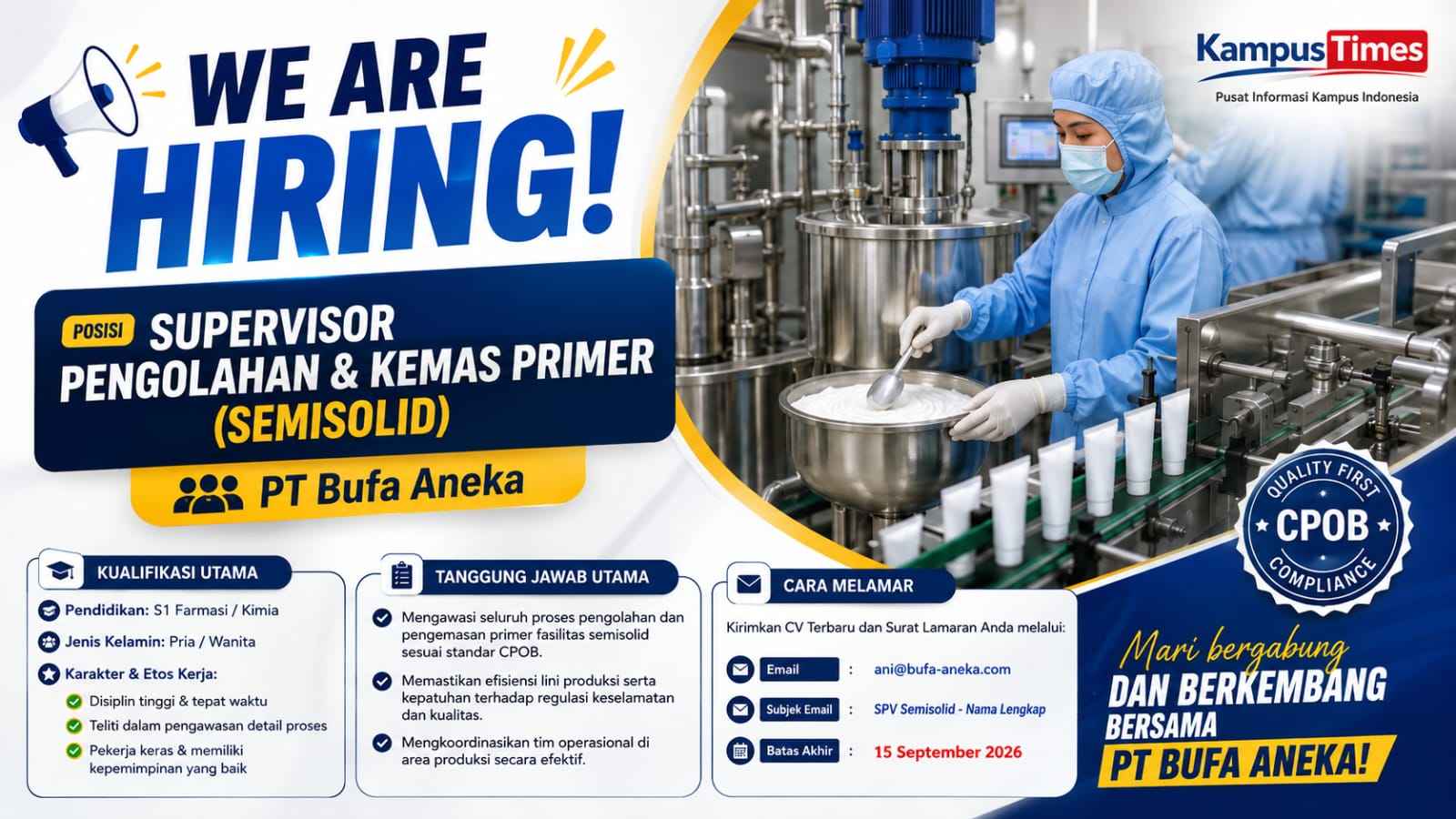 Lowongan Kerja PT Bufa Aneka September 2026, Dibuka untuk Supervisor Semisolid