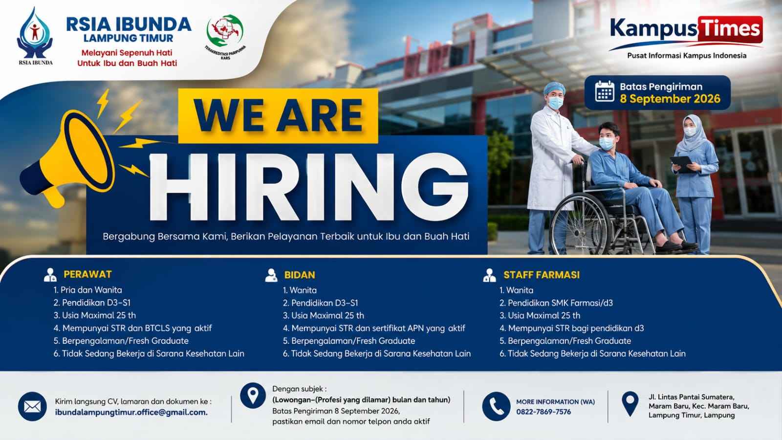 Lowongan Kerja RSIA Ibunda Lampung Timur 2026, Buka 3 Posisi untuk Perawat, Bidan, dan Staf Farmasi