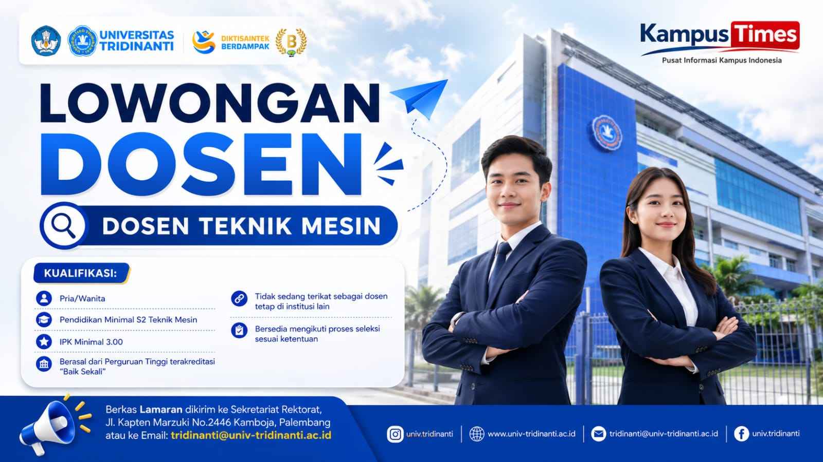 Lowongan Dosen Teknik Mesin Universitas Tridinanti, Cek Syarat dan Cara Melamarnya