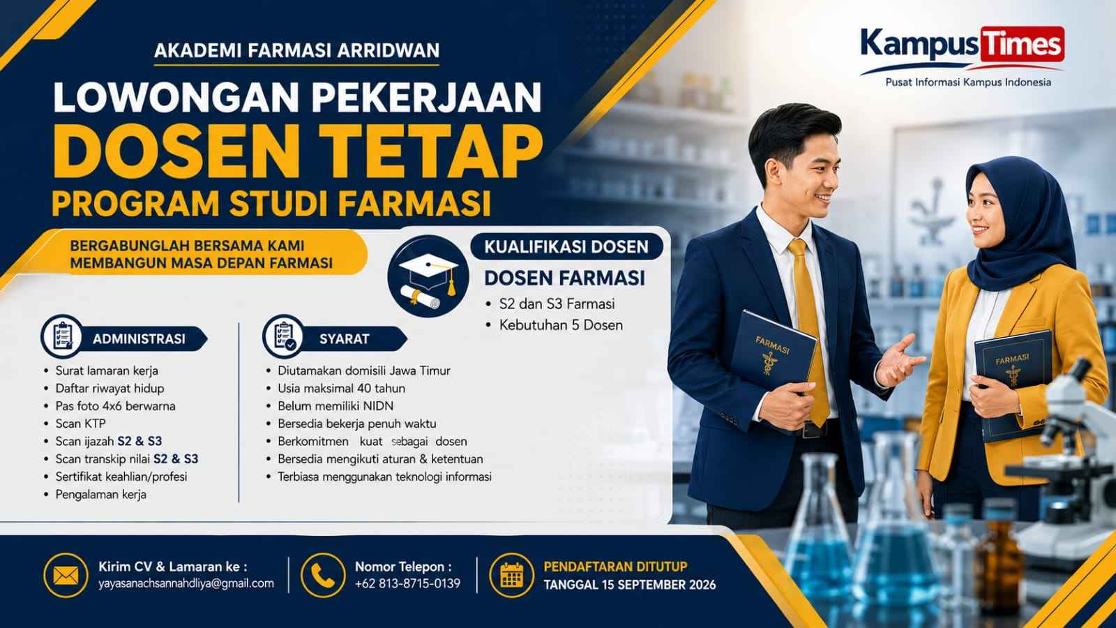 Lowongan Dosen Tetap Akademi Farmasi Arridwan 2026, Dibutuhkan 5 Dosen Farmasi