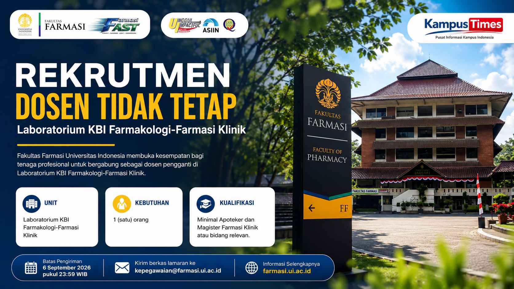 Rekrutmen Dosen Tidak Tetap Fakultas Farmasi UI 2026, Cek Syarat dan Cara Daftarnya