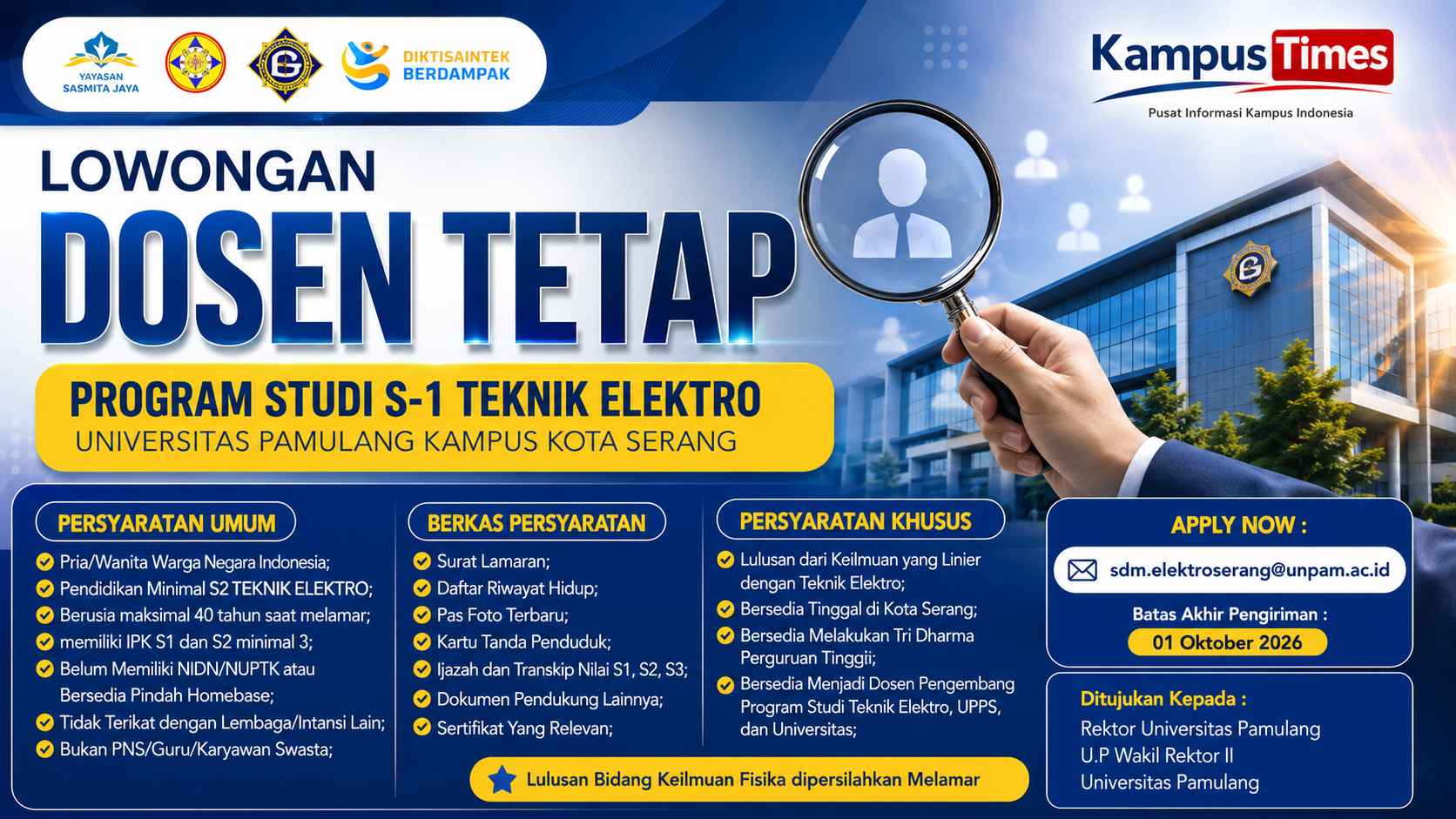 Lowongan Dosen Tetap Universitas Pamulang 2026, S1 Teknik Elektro Kampus Serang