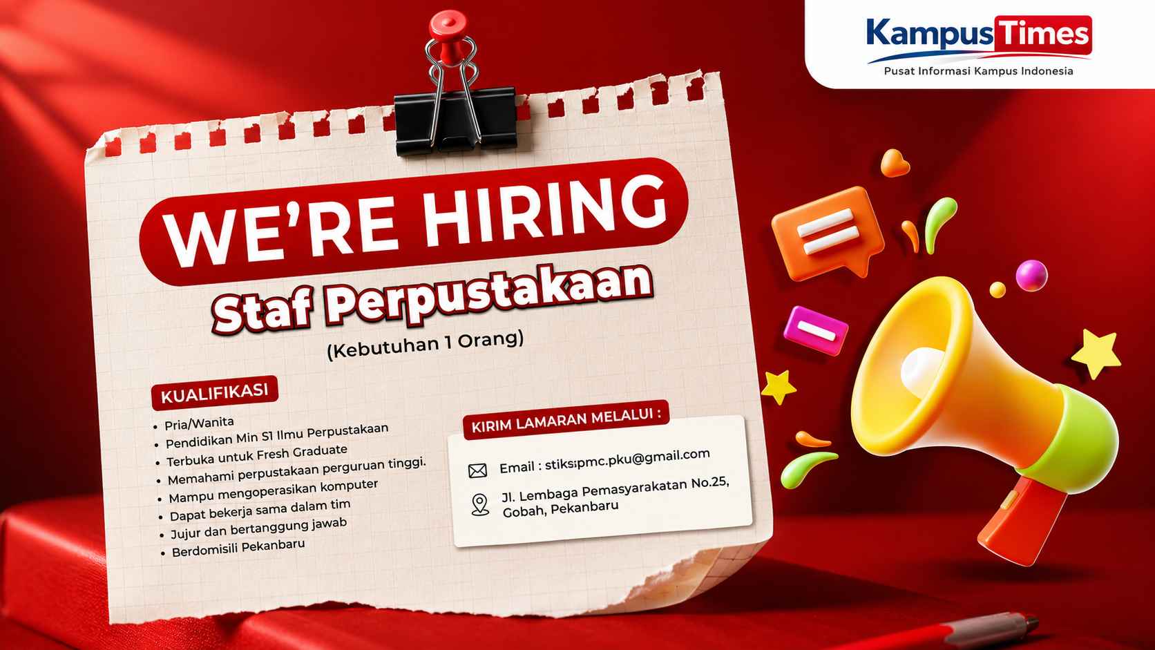 Lowongan Kerja Staf Perpustakaan STIKes PMC Pekanbaru, Terbuka untuk Fresh Graduate