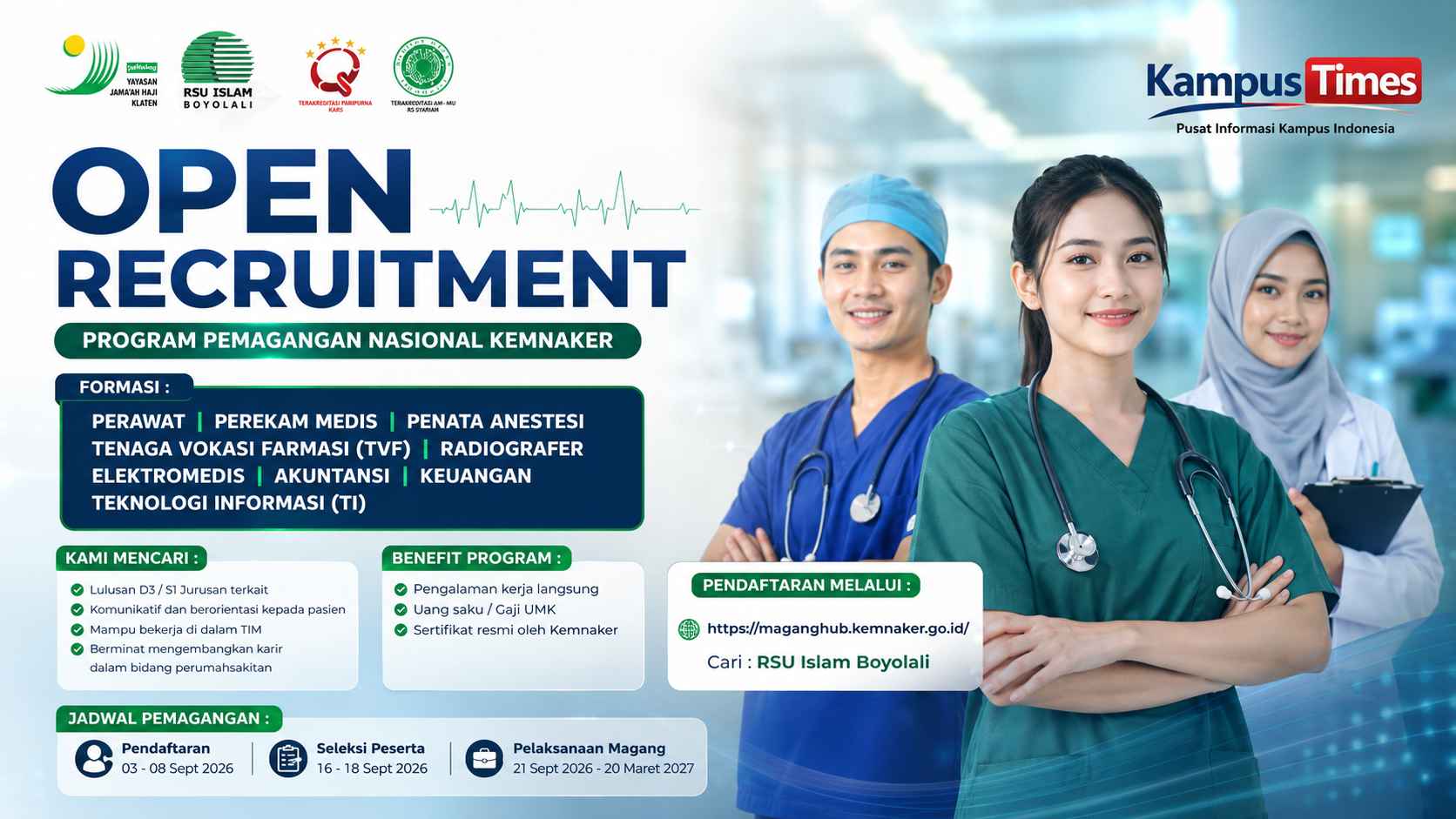 Lowongan Magang RSU Islam Boyolali 2026, Buka 9 Formasi untuk Lulusan D3 dan S1